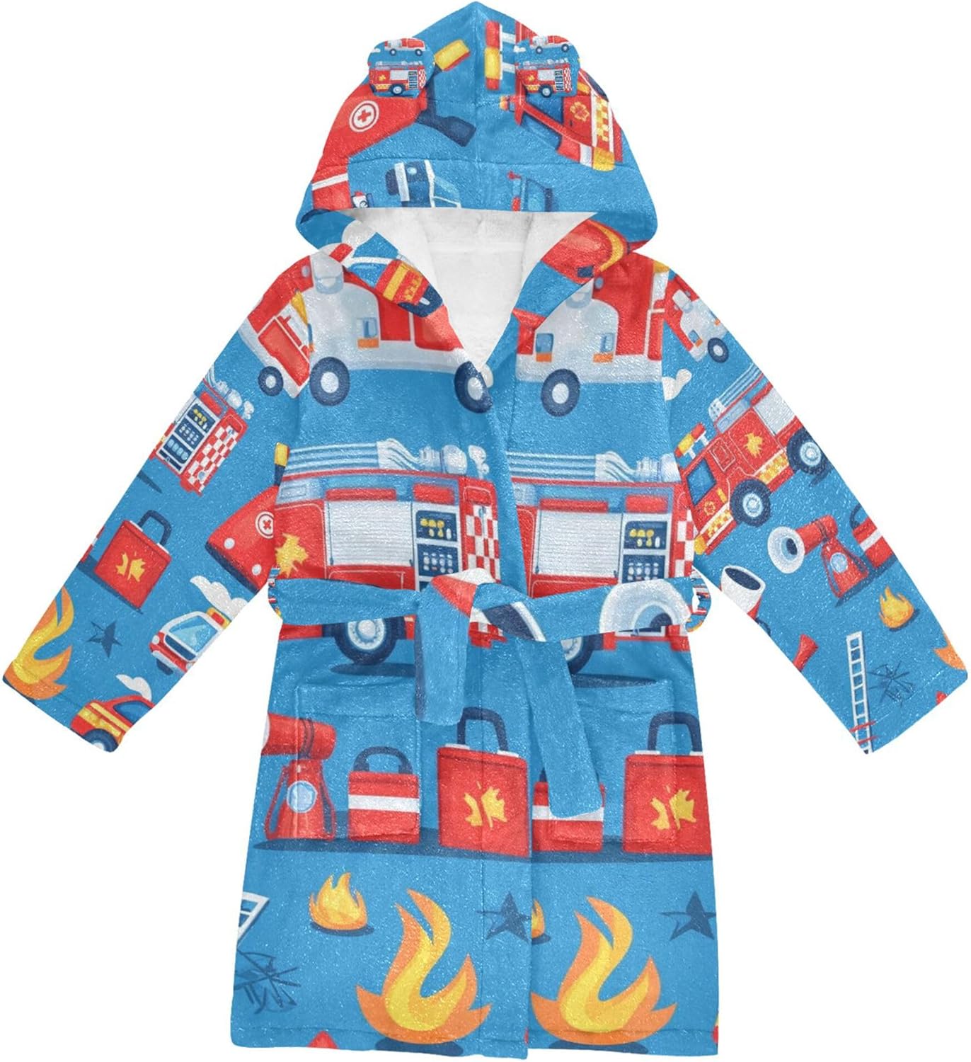Fire Truck Ambulance Helicopter Firefighter Bathrobe Hooded PJ Robe Soft Fleece Robe Pajama Sleepwears 2-12 Years