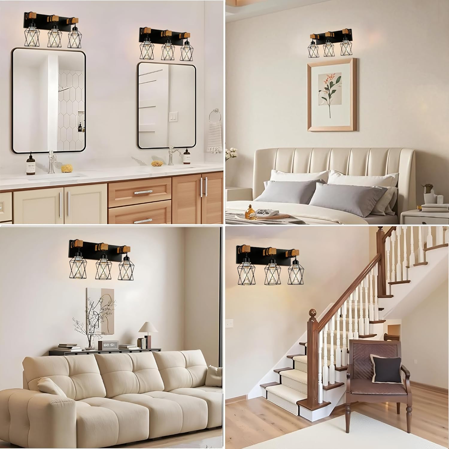 Farmhouse Bathroom Vanity Light, 3-Lights Wood Rustic Bathroom Light Fixtures Over Mirror, Black Industrial Sconces Wall Lighting with Metal Lampshade for Hallway, Living Room, Bedroom