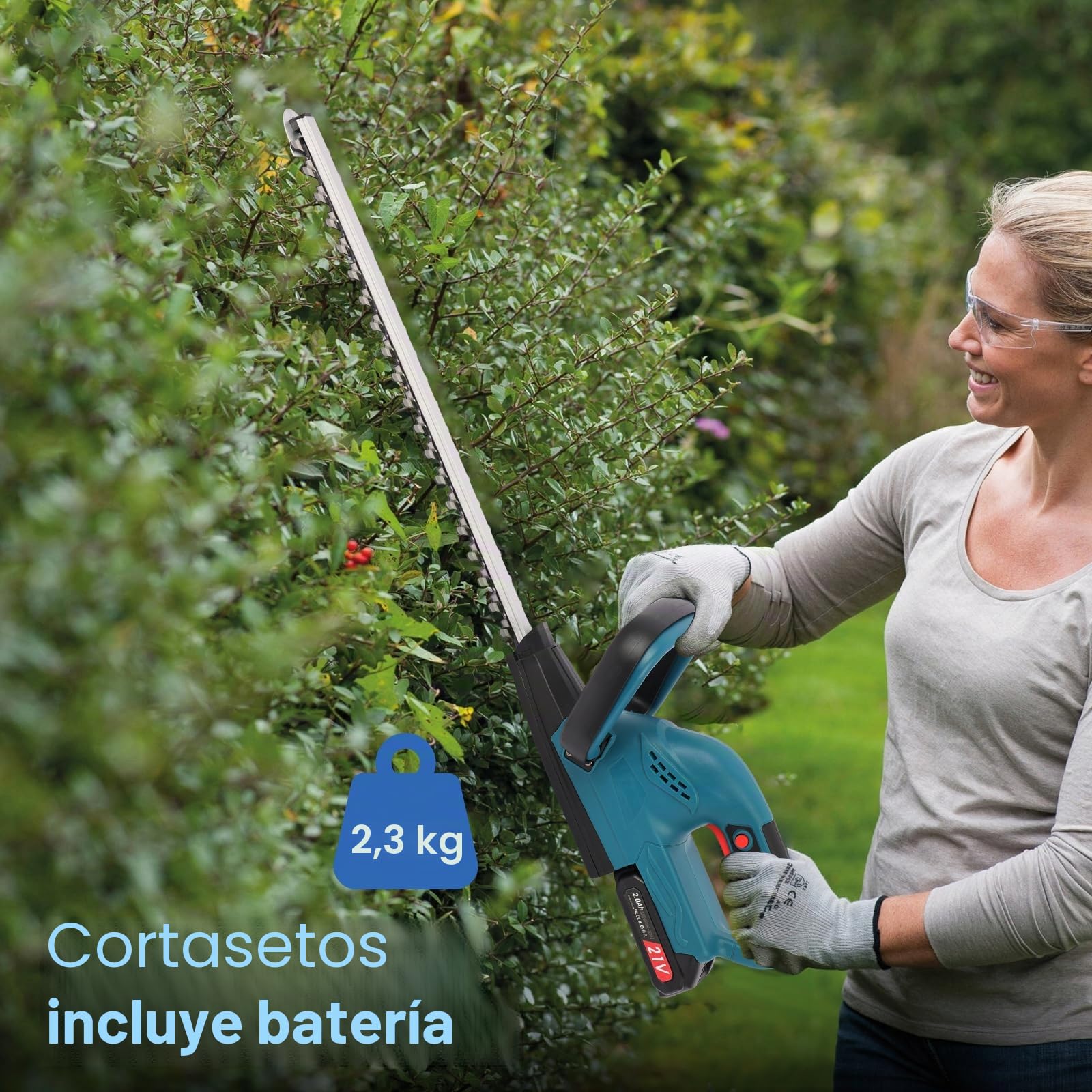 Cortasetos Bateria,Corta Setos Jardin Electrico con 2x2000 mAh Batería,Motor sin Escobillas, Longitud de Cuchilla de 48 cm, Velocidad de 3000 RPM, Apto para Desherbar, Podar Arboles y Arbustos