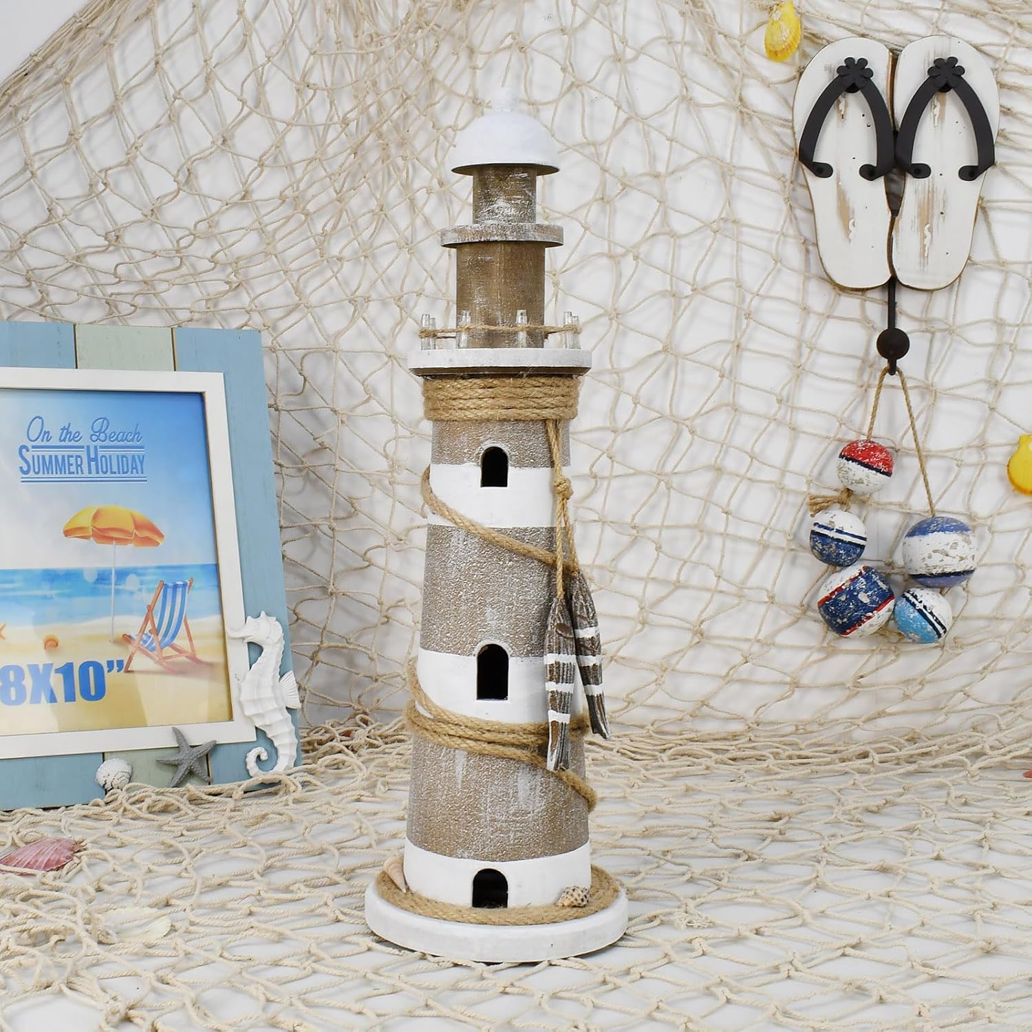 Morning View Lighthouse Decor Nautical Decoration Lighted Wood Light House Figurine Beach House Coastal Decor Table Ocean Seaside Theme Home Decor Lake House Bathroom Shelf Centerpiece 17.5"(White)