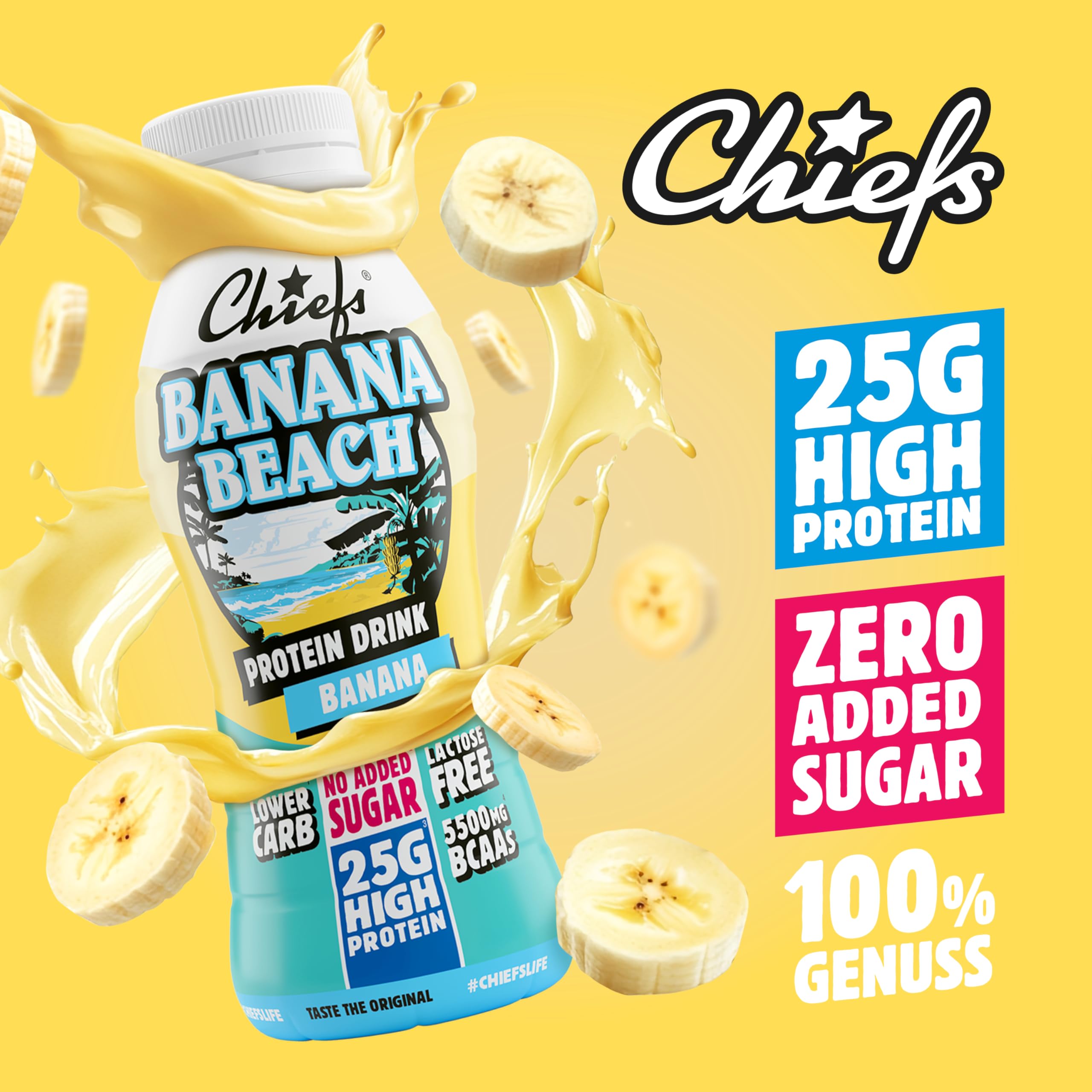 Chiefs High Protein Shake - Banane, 8x300ml - kein Zuckerzusatz & je 25g Protein - Protein Shake für Muskelaufbau - Laktosefrei & Lower Carb & Glutenfrei - Protein Drink