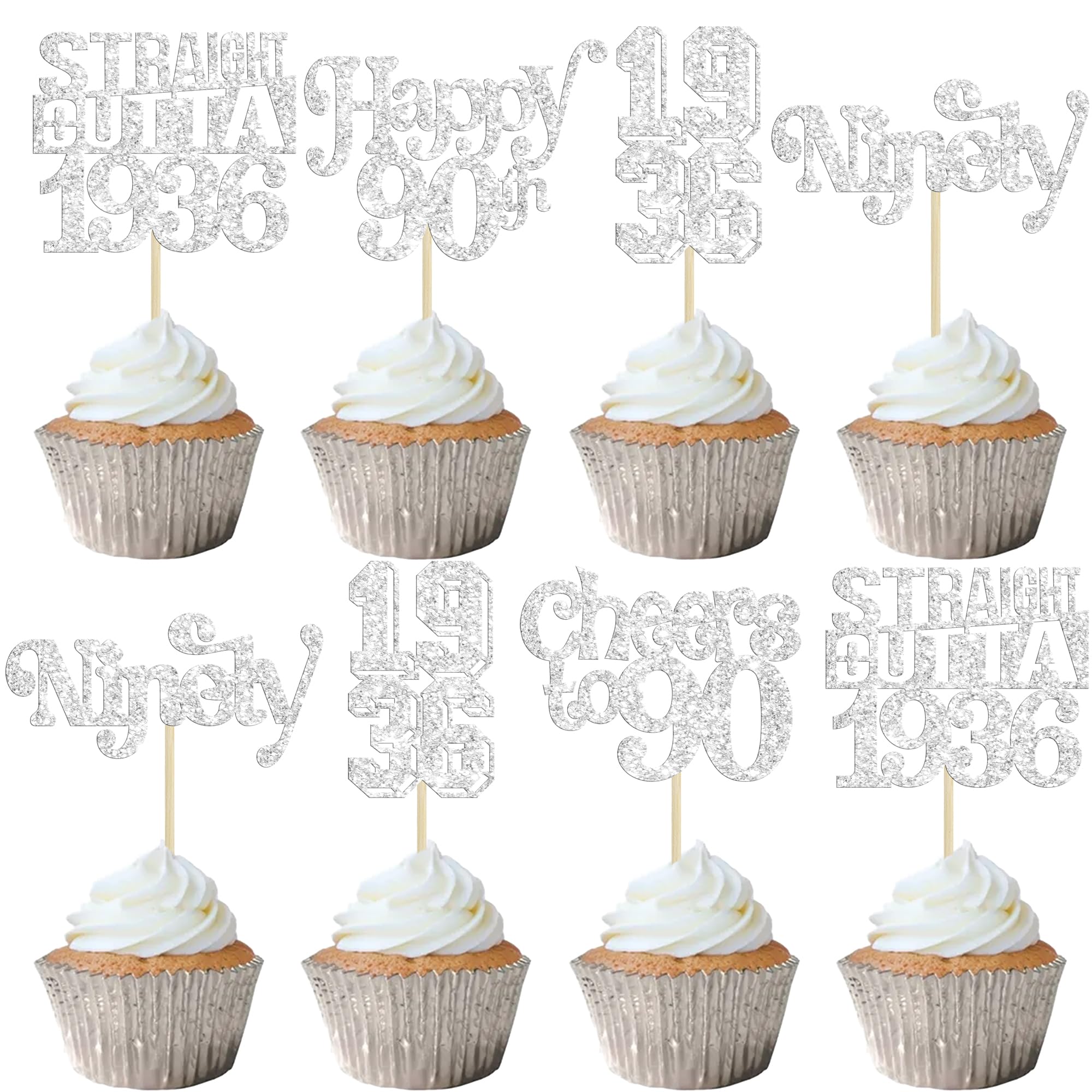 Gyufise 30Pcs Happy 90th Birthday Cupcake Toppers Glitter Awesome Since 1936 Ninety 90 Fabulous Straight Outta 1936 Cupcake Picks for 90th Birthday Anniversary Party Supplies Silver