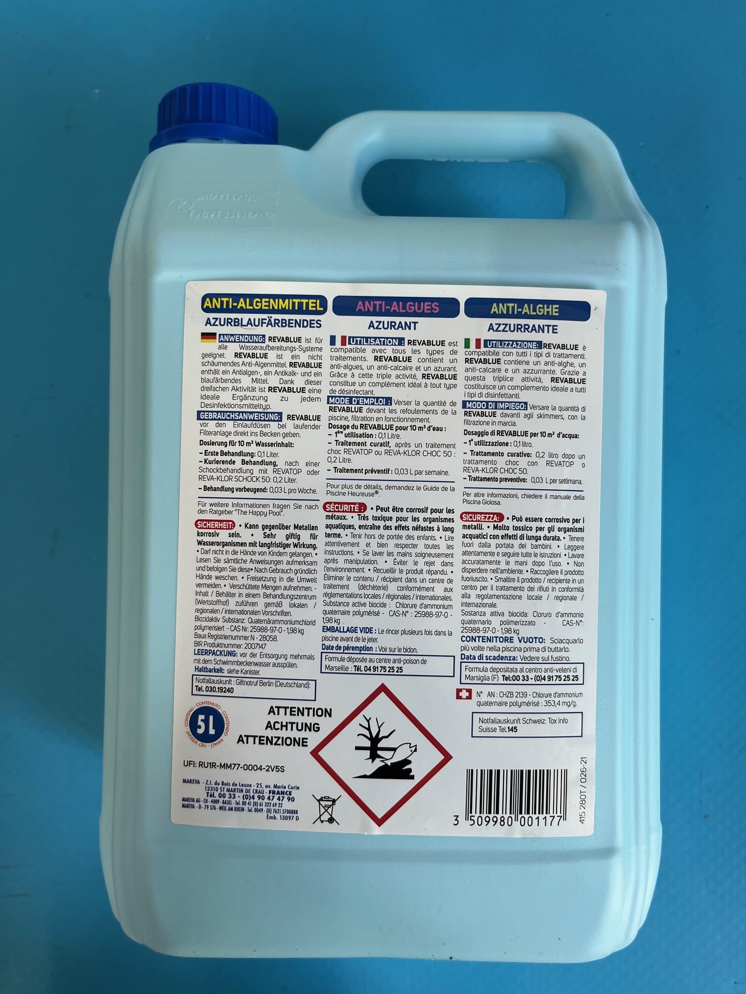 Alghicida RevaBlue Antialghe Azzurrante trattamento Pulizia Acqua Piscina 5 litri Mareva