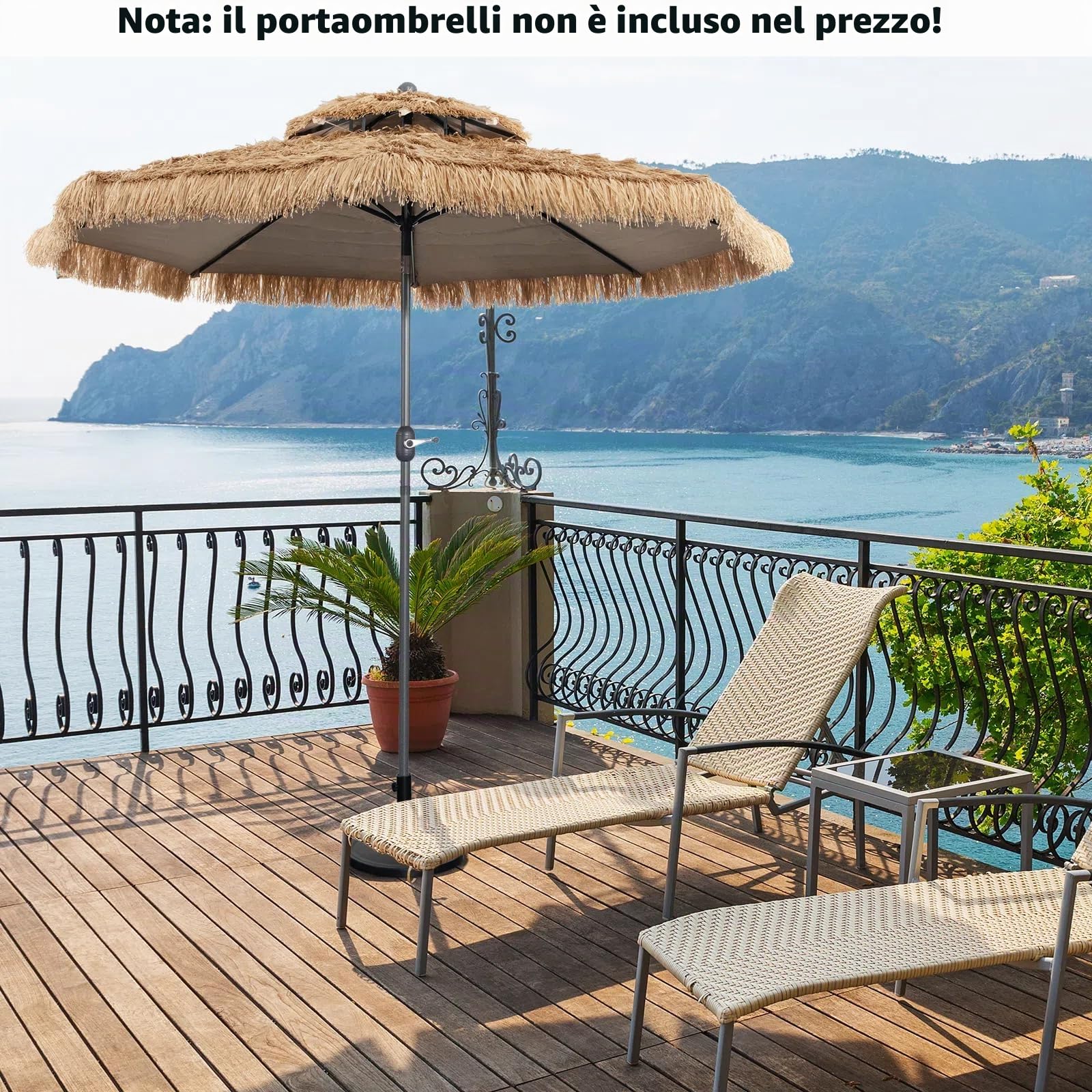 KOMFOTTEU Ombrellone Spiaggia in Paglia Hawaiano Pieghevole 300 cm | Parasole da Spiaggia con Doppio Tetto, Ombrellone per Giardino, Balcone, Giallo-Marrone, senza Base