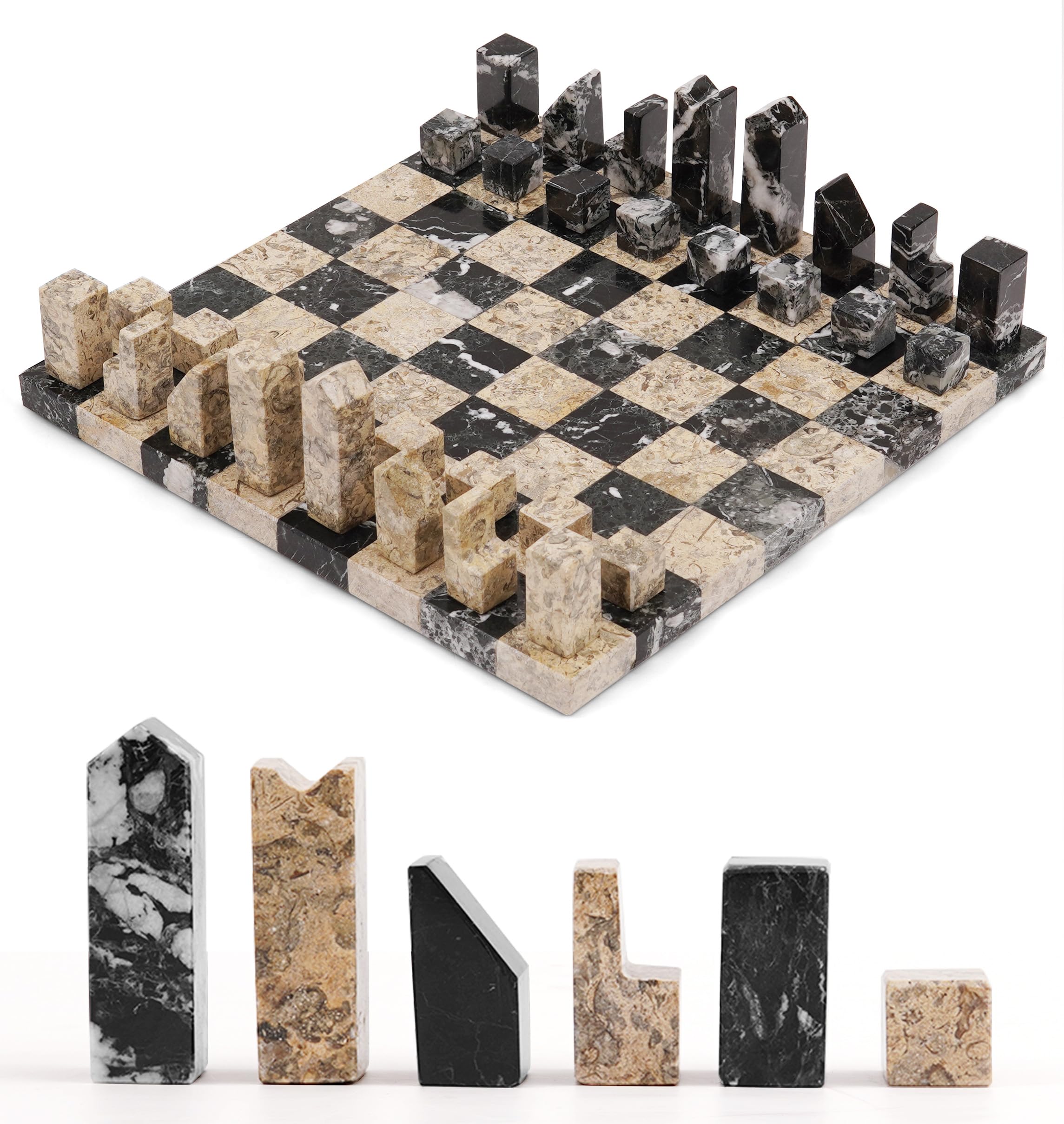 Elysian Marble Modern Chess Set – Handcrafted Borderless Marble Chess Board with Minimalist Geometric Pieces, Luxury Decorative Chess Game for Coffee Table, Home Décor & Gifts