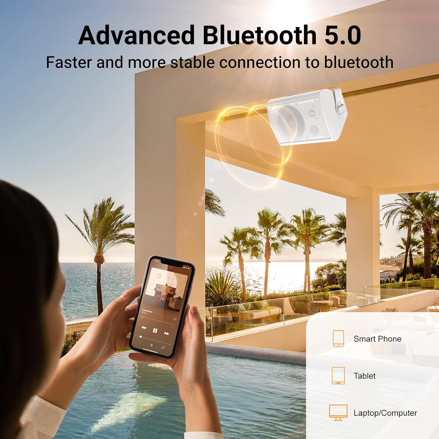 Person using a smartphone to connect to the speaker via Bluetooth 5.0, with a pool in the background