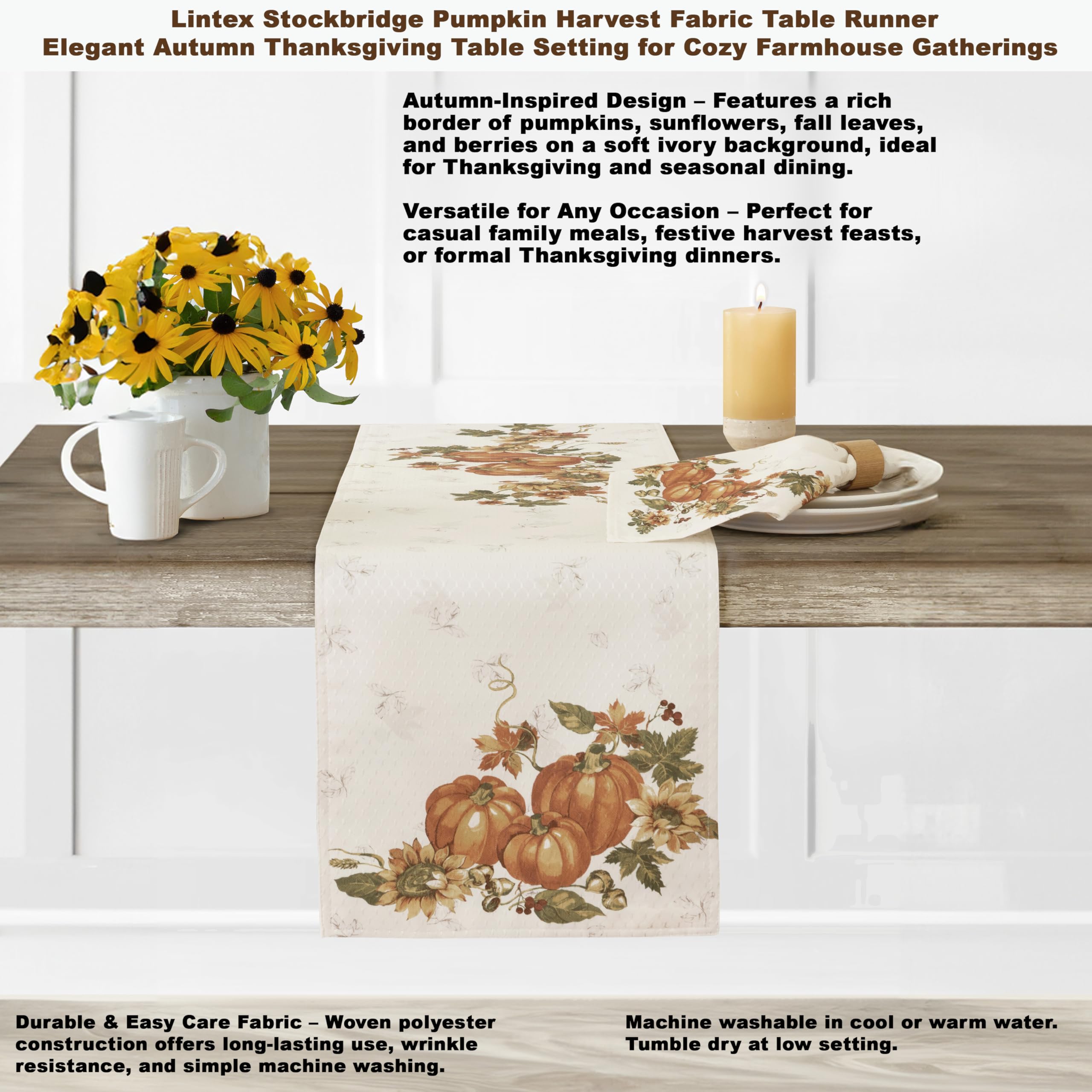 Lintex Stockbridge - Mantel de tela de fácil cuidado con diseño de calabaza, diseño de flores y bellota, 150 x 144 cm