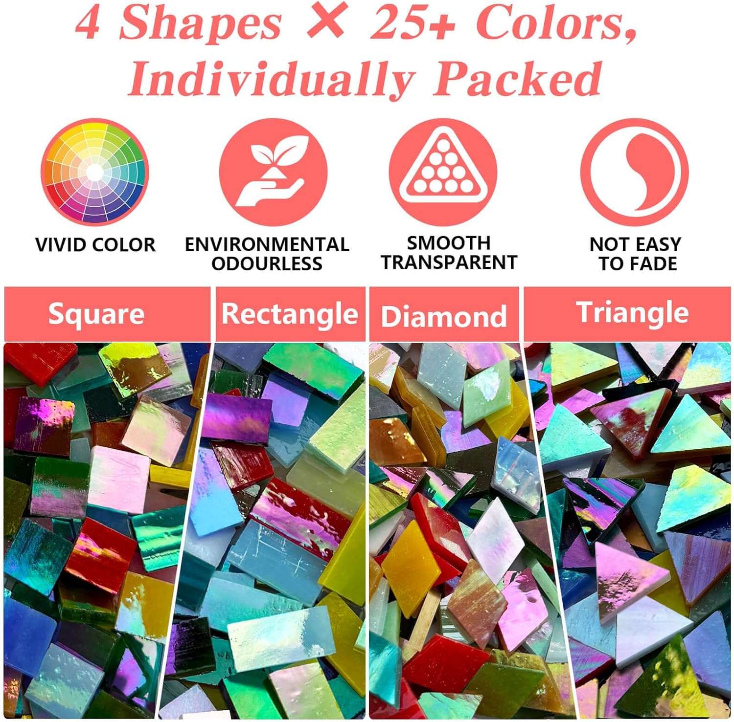 LITMIND 2800 Pcs Iridescent Stained Glass Mosaic Tiles – Assorted Colors, 4 Shapes (Square, Rectangle, Diamond, Triangle) Bulk Mosaic Glass Pieces for Crafts & DIY Art Projects