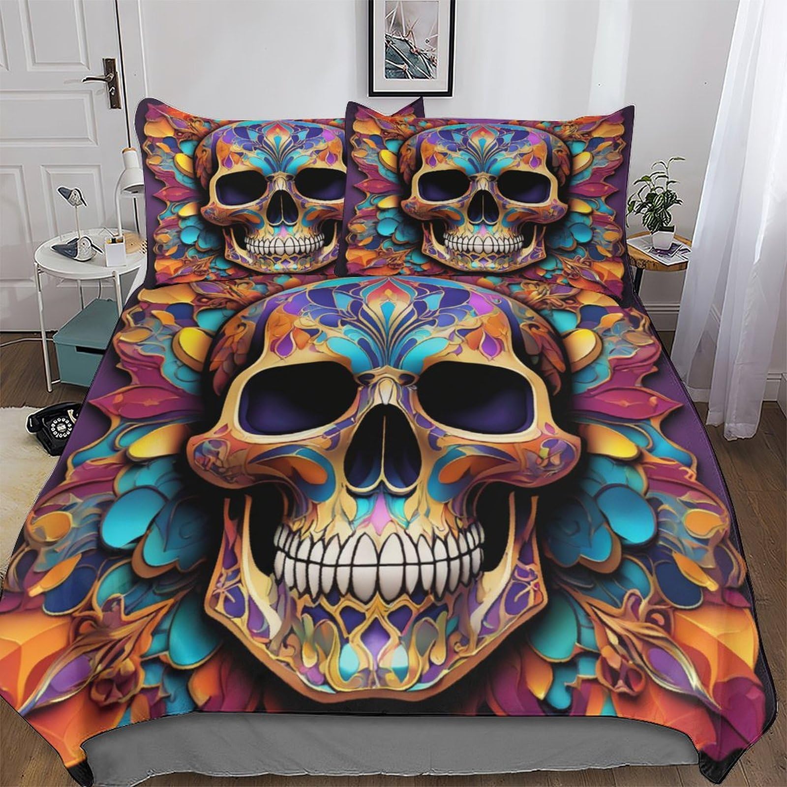 Skull Microfiber Duvet Cover Set 3 Pcs Polyester-Cotton Quilt Cover Bedding Set With Pillow Cases Machine Washable Anti Allergic Comforter Cover For Boys Girls King (220x240cm) — image 1