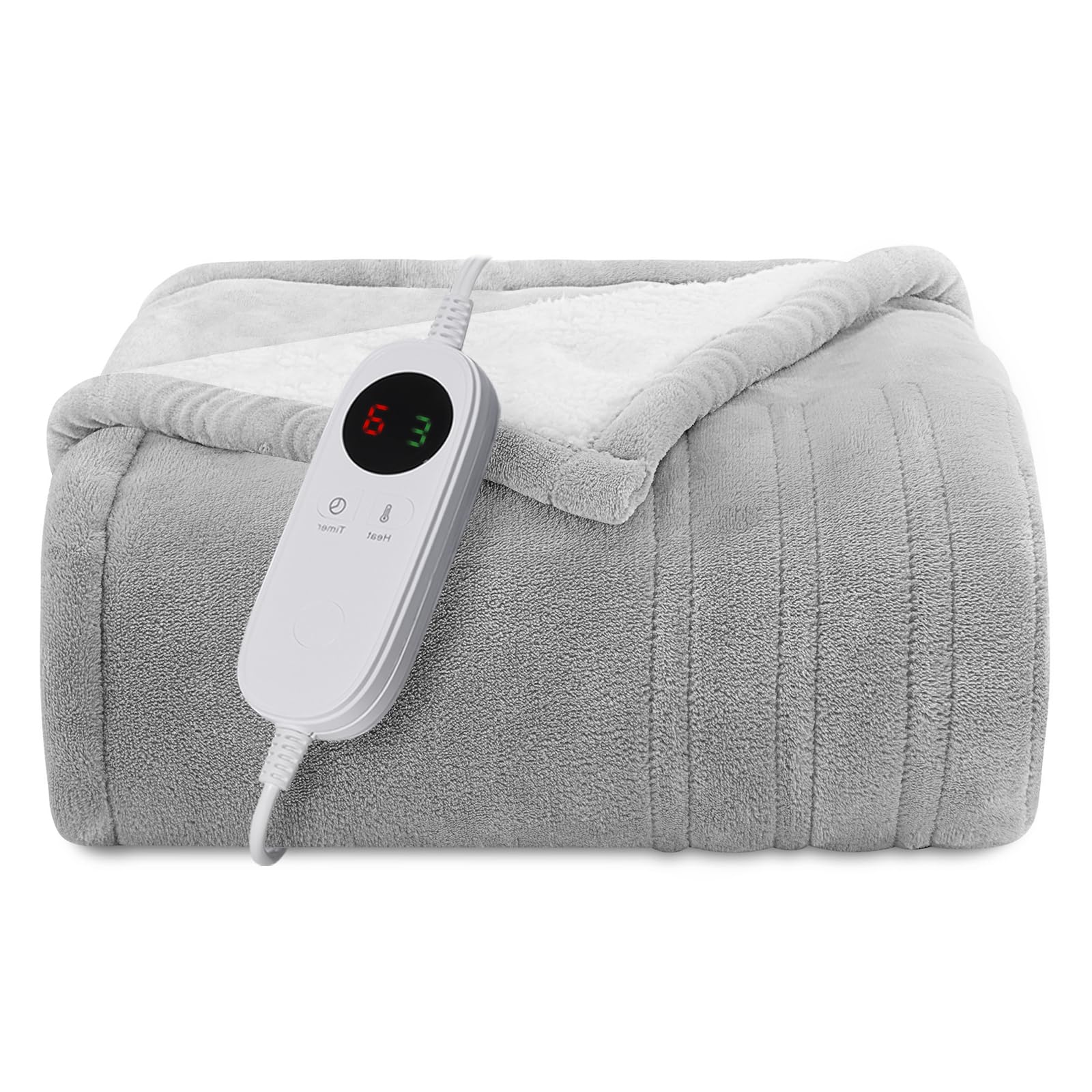 Heated Blanket Sherpa Electric Throw Blanket for Winter,6 Heat Settings Heating Blanket with 9hrs Timer Auto Shut Off,Home Couch,Machine Washable,50"x 60" Light Grey
