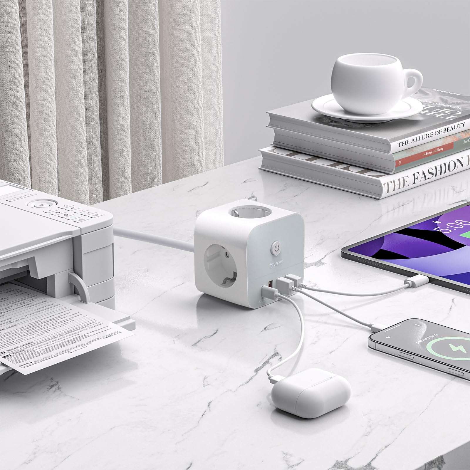 VEFVE Ciabatta con cavo, 7 in 1 cubo, presa multipla con USB C 20 W, 3 prese, 1 USB-C e 3 USB-A, 3680 W con interruttore, cavo di prolunga da 5 m