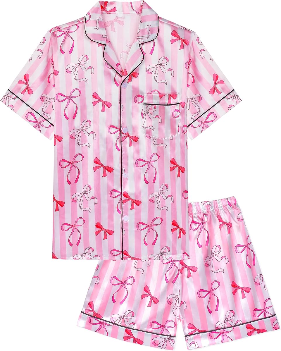Pijamas para niñas Sylfairy, conjunto de pijamas de seda, ropa de dormir de satén con lazo rosa, pijamas de manga corta para niños, ropa de dormir con botones, talla 7-14