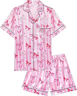 Pink Bow Satin Button-Down PJ Set
