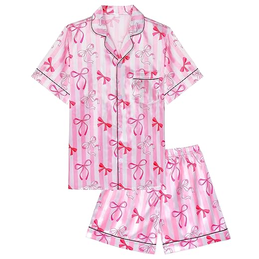 Sylfairy Girls Pajamas Silk PJS Set Pink Bow Satin Sleepwear Short Sleeve Jammies for Kids Button-Down Nightwear size 7-14