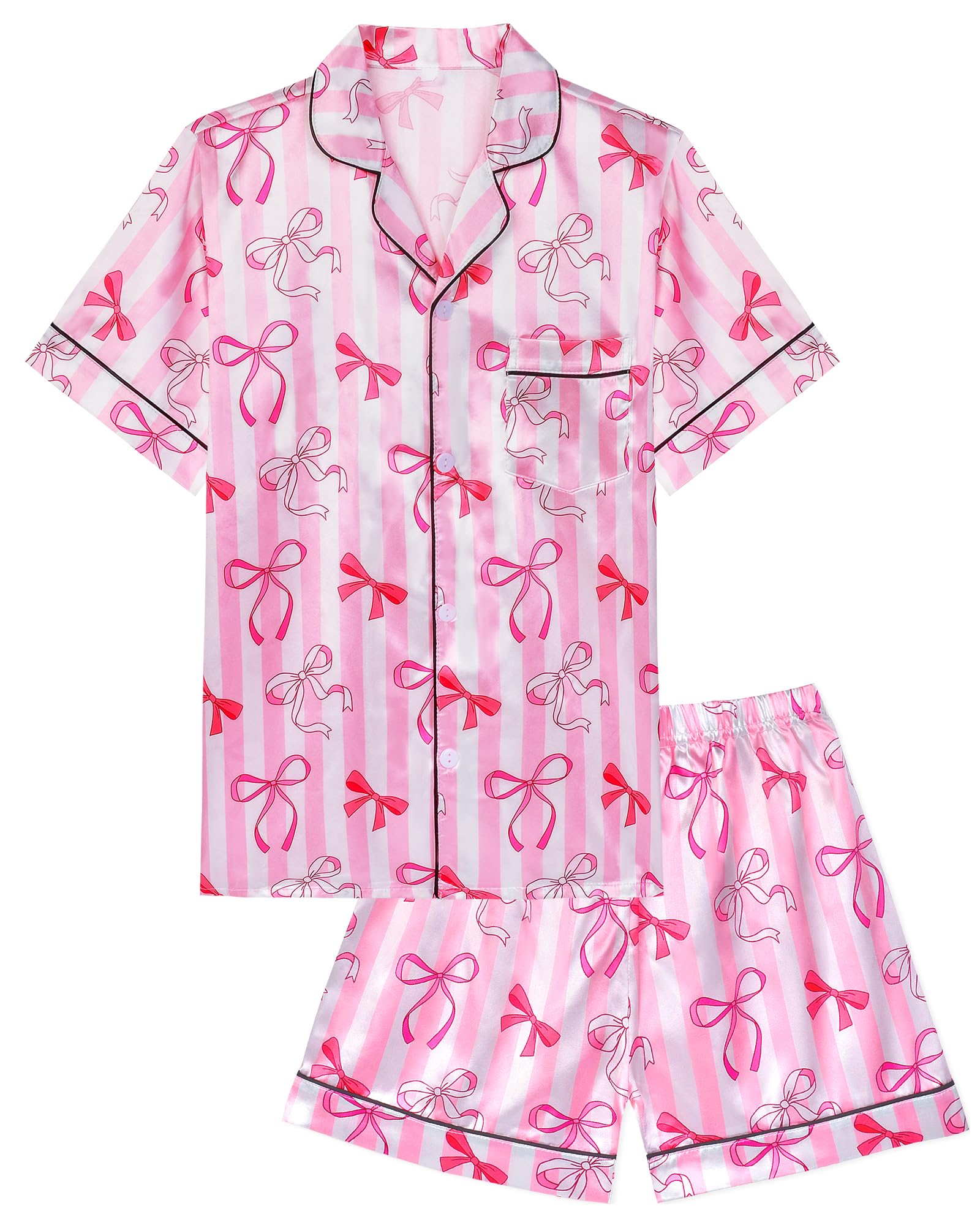 Sylfairy Girls Satin Pajama Set with Pink Bow