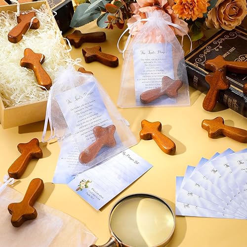 Miniatura 5 de Kigley Juego de 60 mini cruces de madera a granel, 60 cruces de mano de bolsillo pequeño, 60 tarjetas de oración, 60 bolsas para Navidad, iglesia