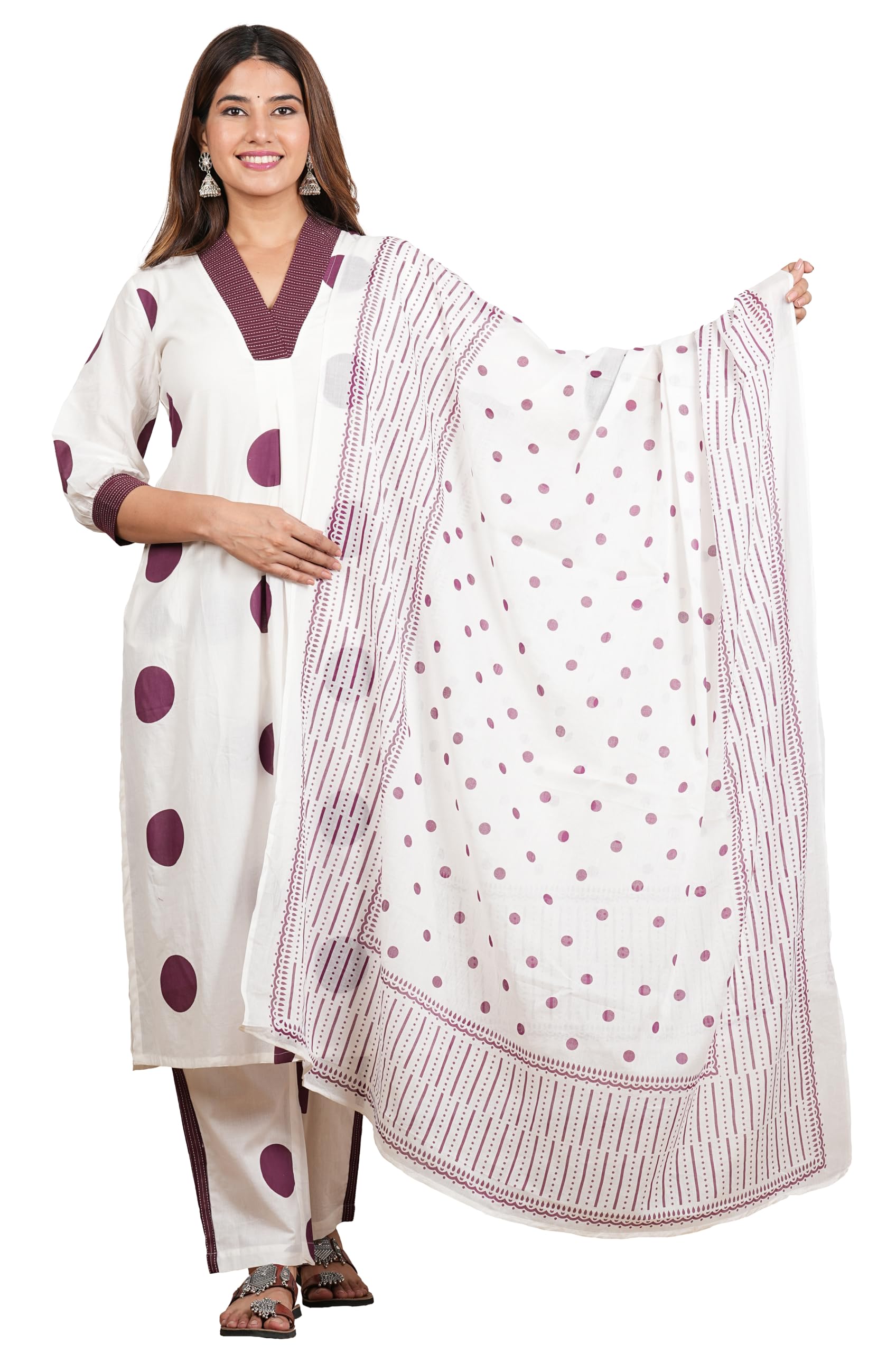 yash gallery Women's White Cotton Cambric Polka Dot Print Calf Length V-Neck with Kantha Work Detaliing 3/4 Sleeves Straight Kurta with Pant and Duptta (White)-picture-11