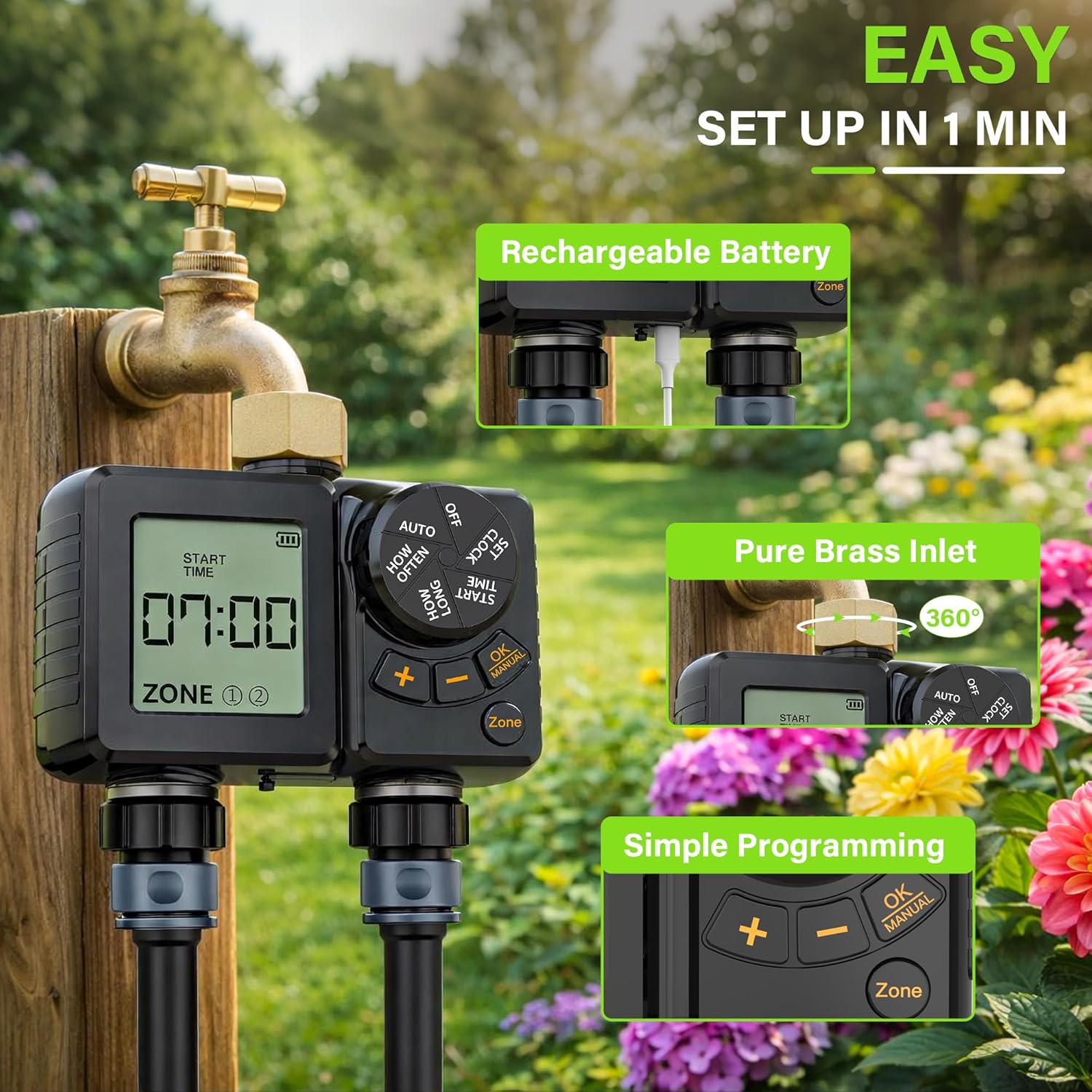 MIXC Rechargeable 2-Zone Water Timer, Full-Body IPX6 Sprinkler Timer - Over One Year Runtime - Save Water & Money, Drip Irrigation Controller with Rain Delay/Manual/Auto Modes for Garden, Lawn, Yard