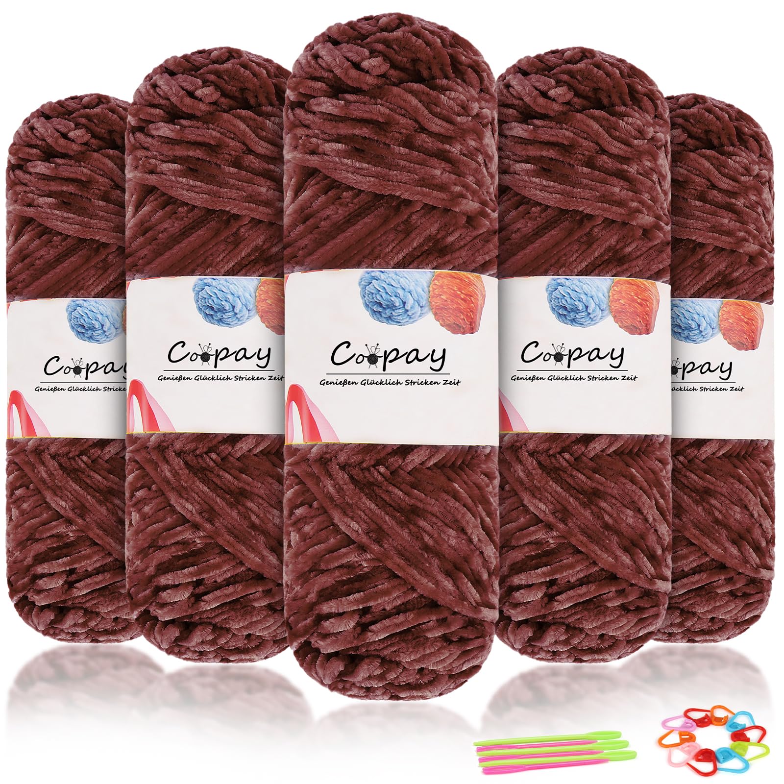 Coopay Samt Chenille Wolle, 500g (5x100g) Velvet Chenillegarn Wolle zum Häkeln, Flauschige Weicher Babywolle für Kinder, Samtig Chenillewolle mit Häkelzubehör für Puppen, Schals