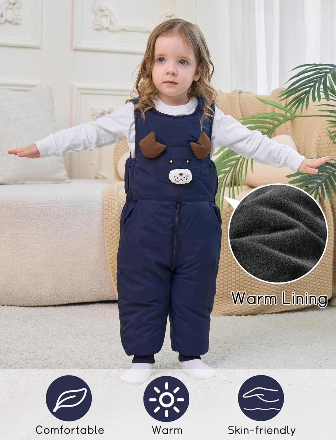Happy Cherry Toddler Boy Girls Winter Warm Fleece Line Bib Pants Cartoon Snow Ski Overall Insulated Zip Up Bibs Snowsuit
