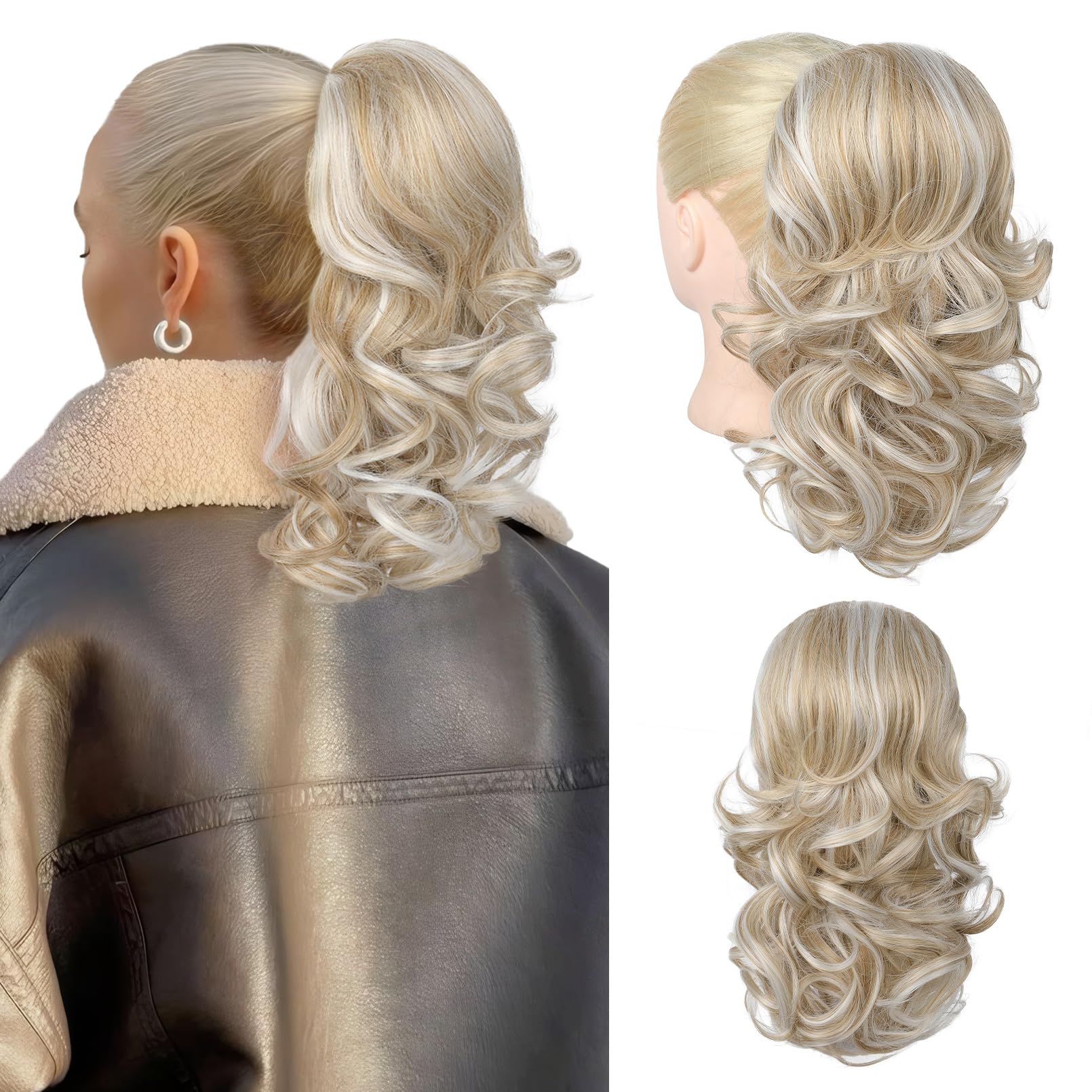 Flufymooz Ponytail Extension, 14 Inch Short Drawstring Ponytail Hair Extension for Women, Soft Synthetic Pony Tails Hairpiece for Women (Ash blonde