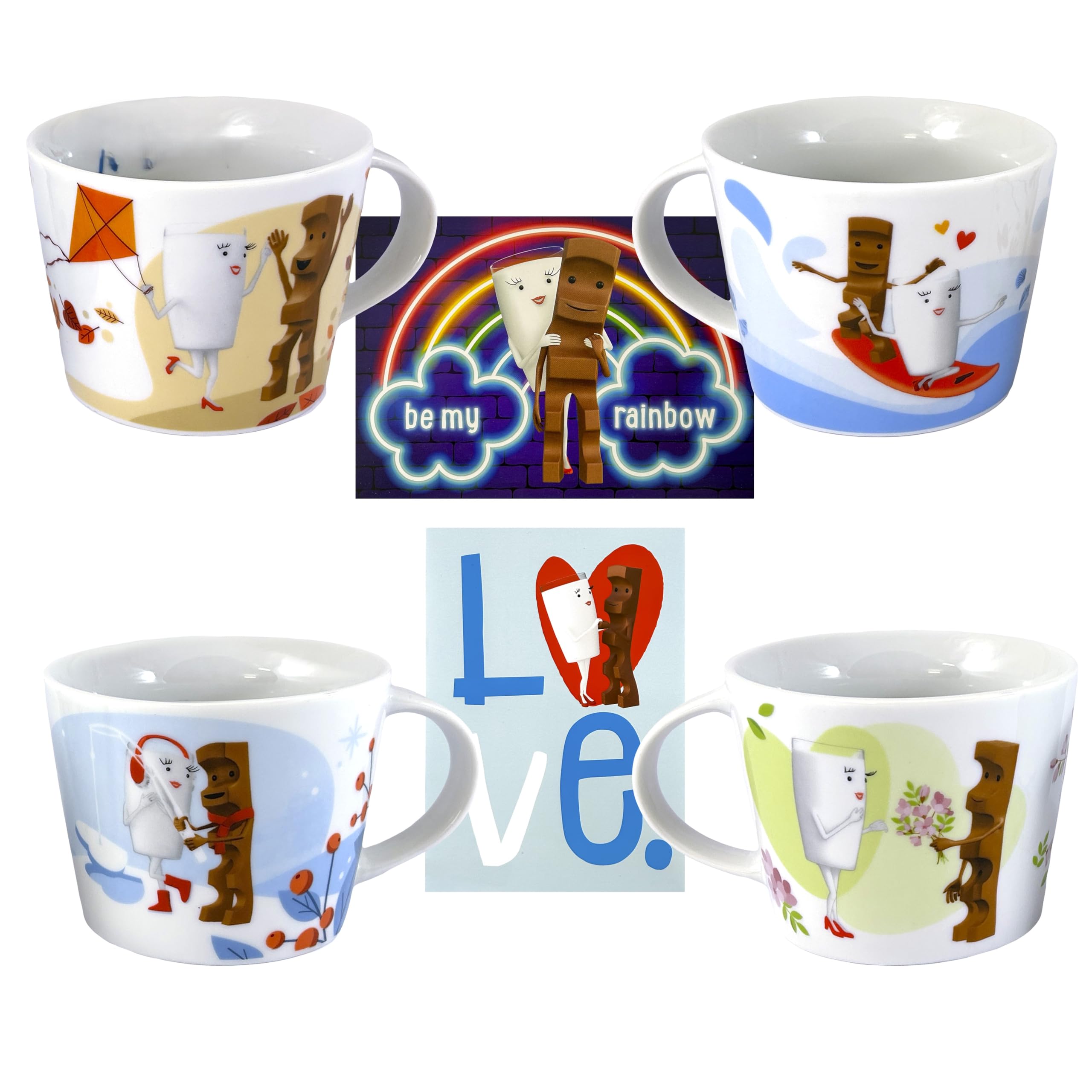 Kinder Riegel 4 Sammel Tassen Tasse Hochzeit Liebe 4 Stück, alle 4 Motive + 2 Kinderriegel Postkarten