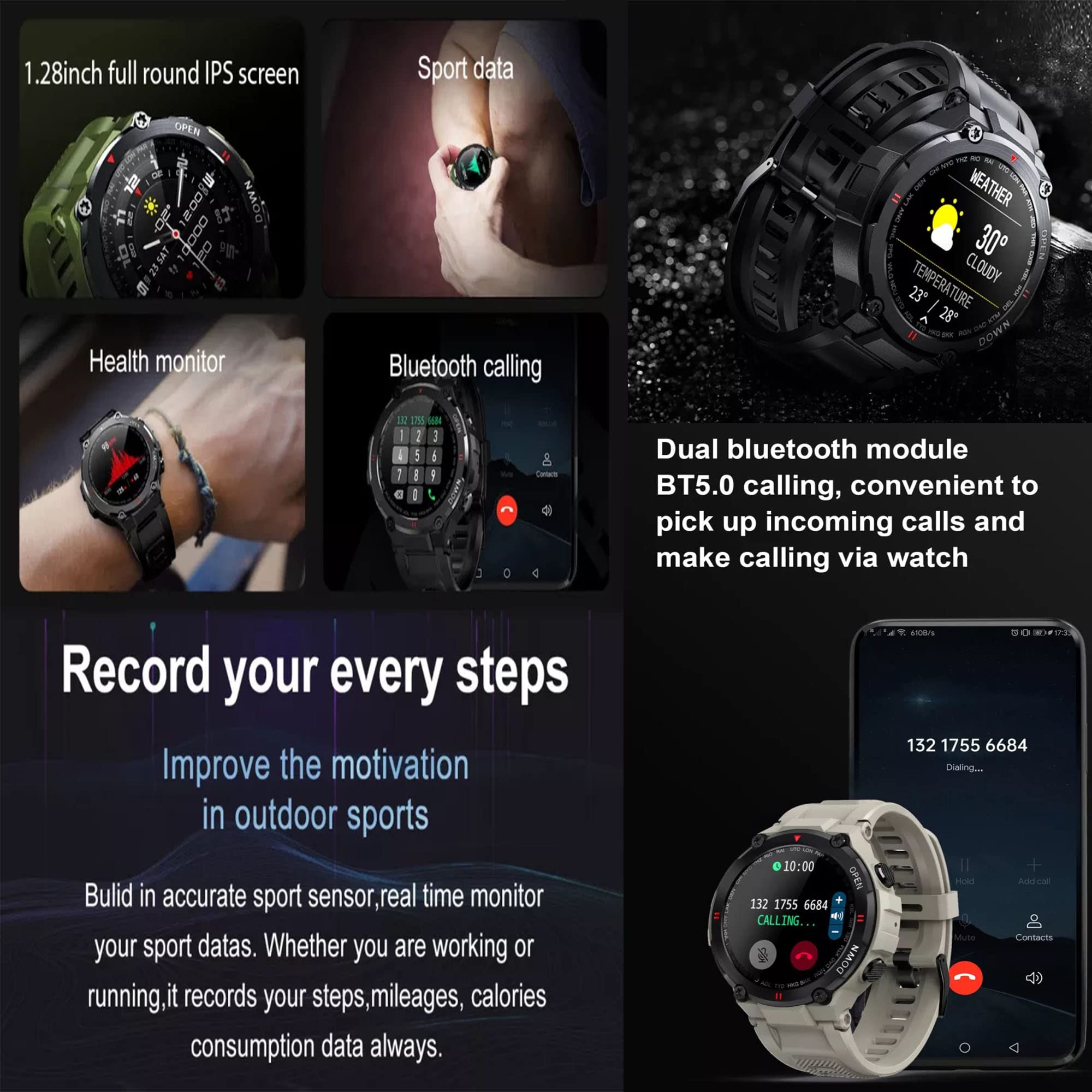 Reloj Inteligente para Hombre, Bluetooth, IP67, Resistente al Agua, Pulsera Inteligente para Cardio y podómetro, smartwatch Deporte, Fitness, rastreador de Actividad, Control de música