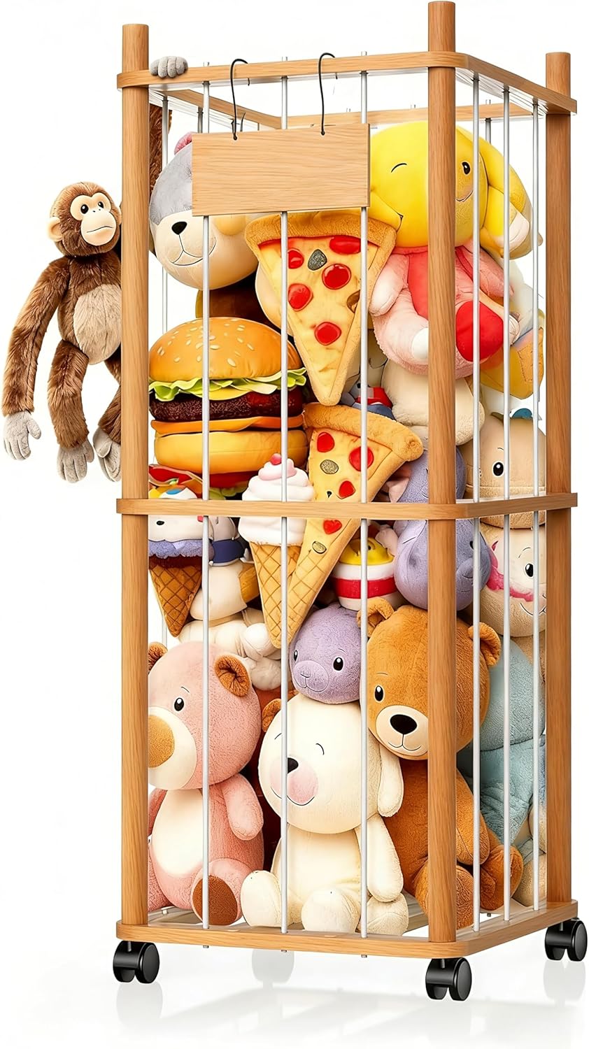 Stuffed Animal Storage Organizer, Wooden Plushies Toy Zoo Holder with Wheels, Large Capacity Storage Tower for Toys, Mobile Toy Holder Cage for Kids Playroom, Nursery, Toddler Room, 2 Tier, Log