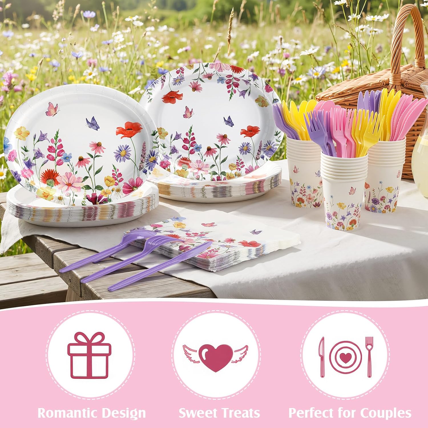175 Pieces Spring Party Supplies Flower Party Tableware Set for 25 Guests Include Oval Dinner Plates Dessert Plates Napkins Paper Cups Plastic Forks Spoons Knives