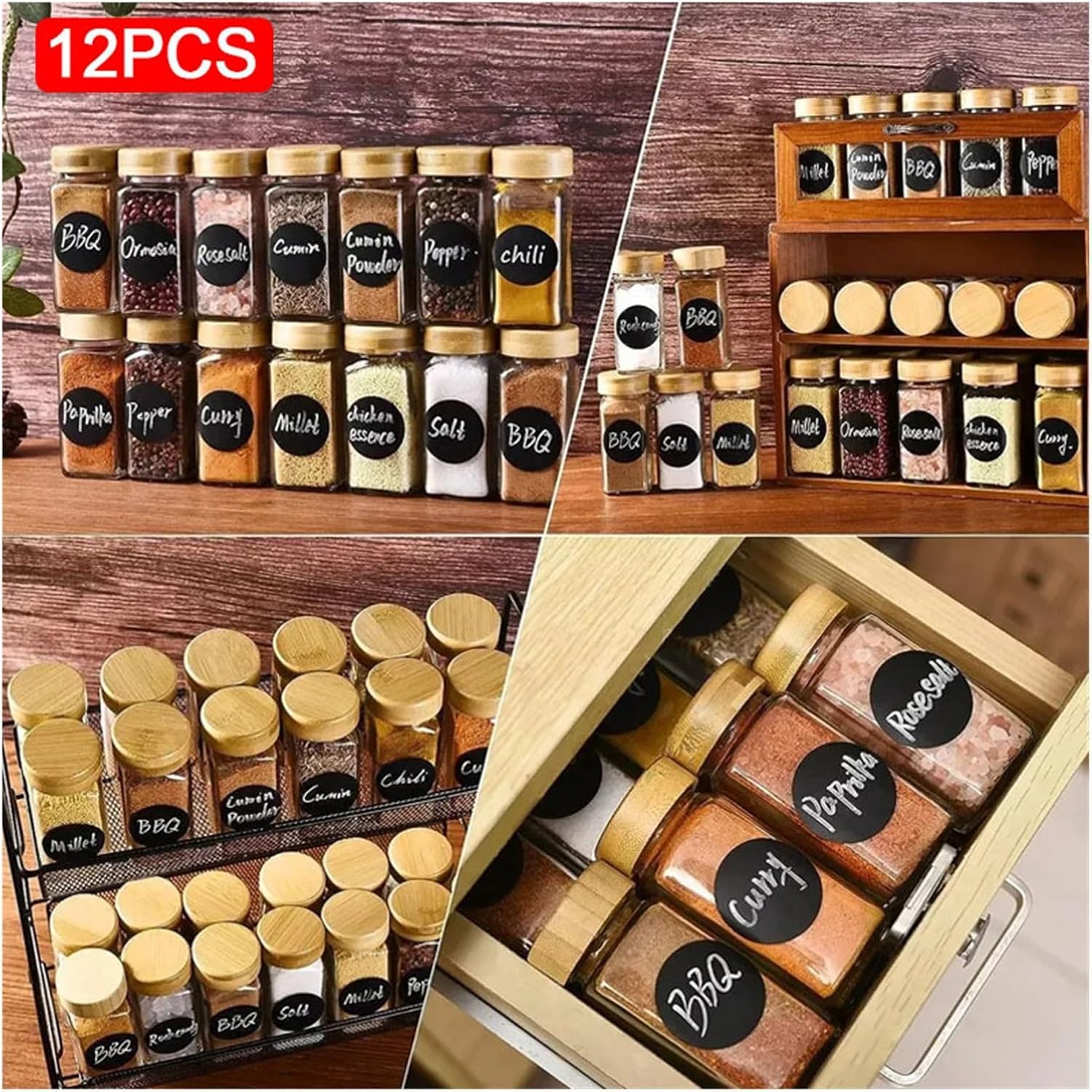 12PCS Glass Spice Jars With Lid Seasoning Containers Salt Pepper Shakers Storage Can Kitchen Jar Sets
