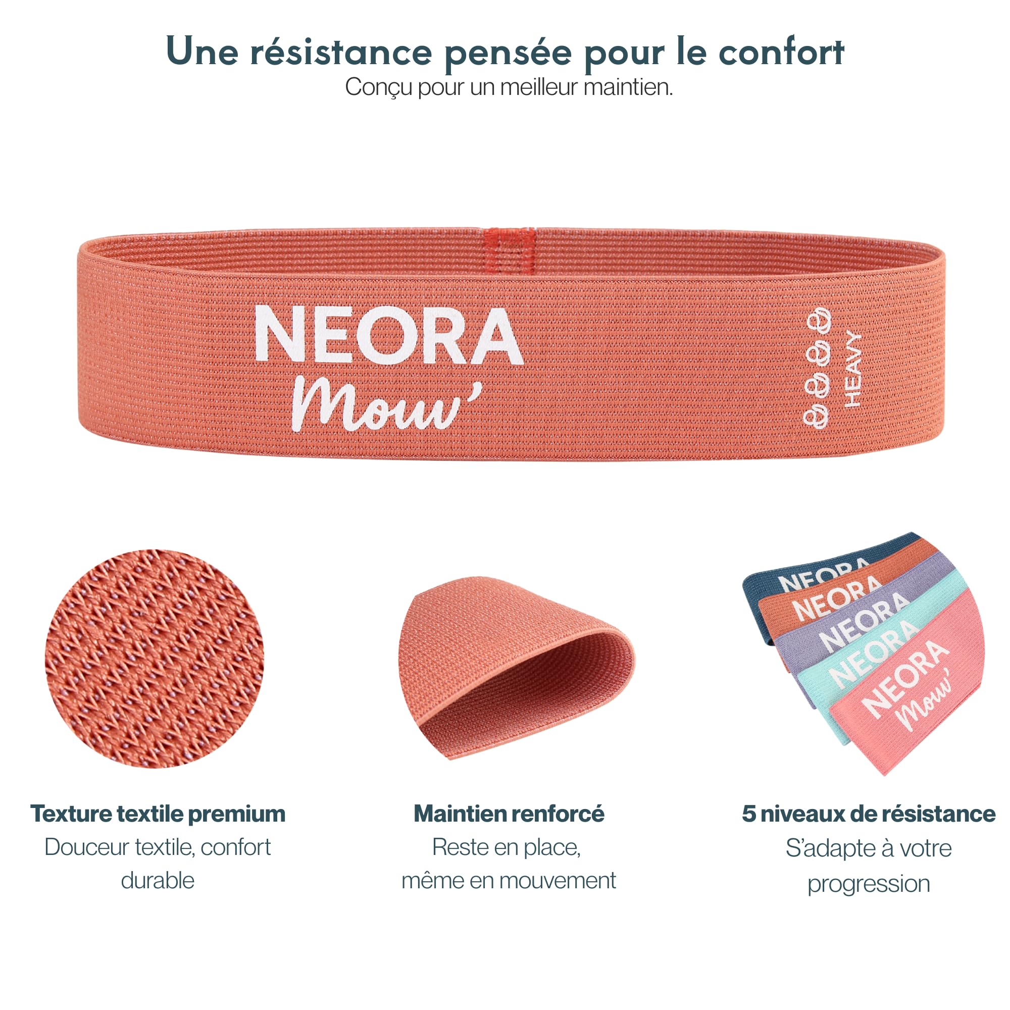 Neora Mouv’ Set de 5 Bandes de Résistance en Tissu – Mini Loop Fitness & Pilates – 5 Niveaux de Résistance – Bandes Élastiques pour Jambes, Fessiers et Corps Complet – Filet et Guide Inclus