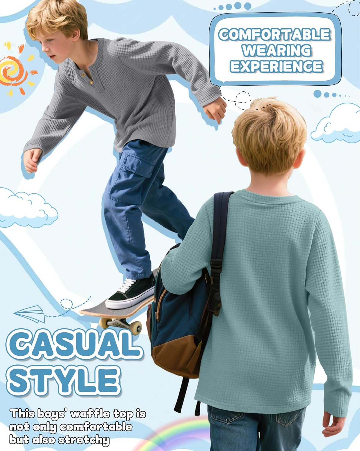 3 Pack Boy's Henley Long Sleeve Shirts Waffle Thermal Tops 5-14 Years Cotton Blend Knit Sweatshirt for School - Image 3