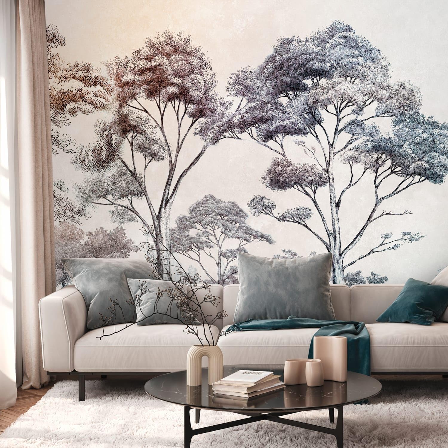 Papier peint panoramique forêt Profhome 399021-GU en TNT texturé haut de gamme crème