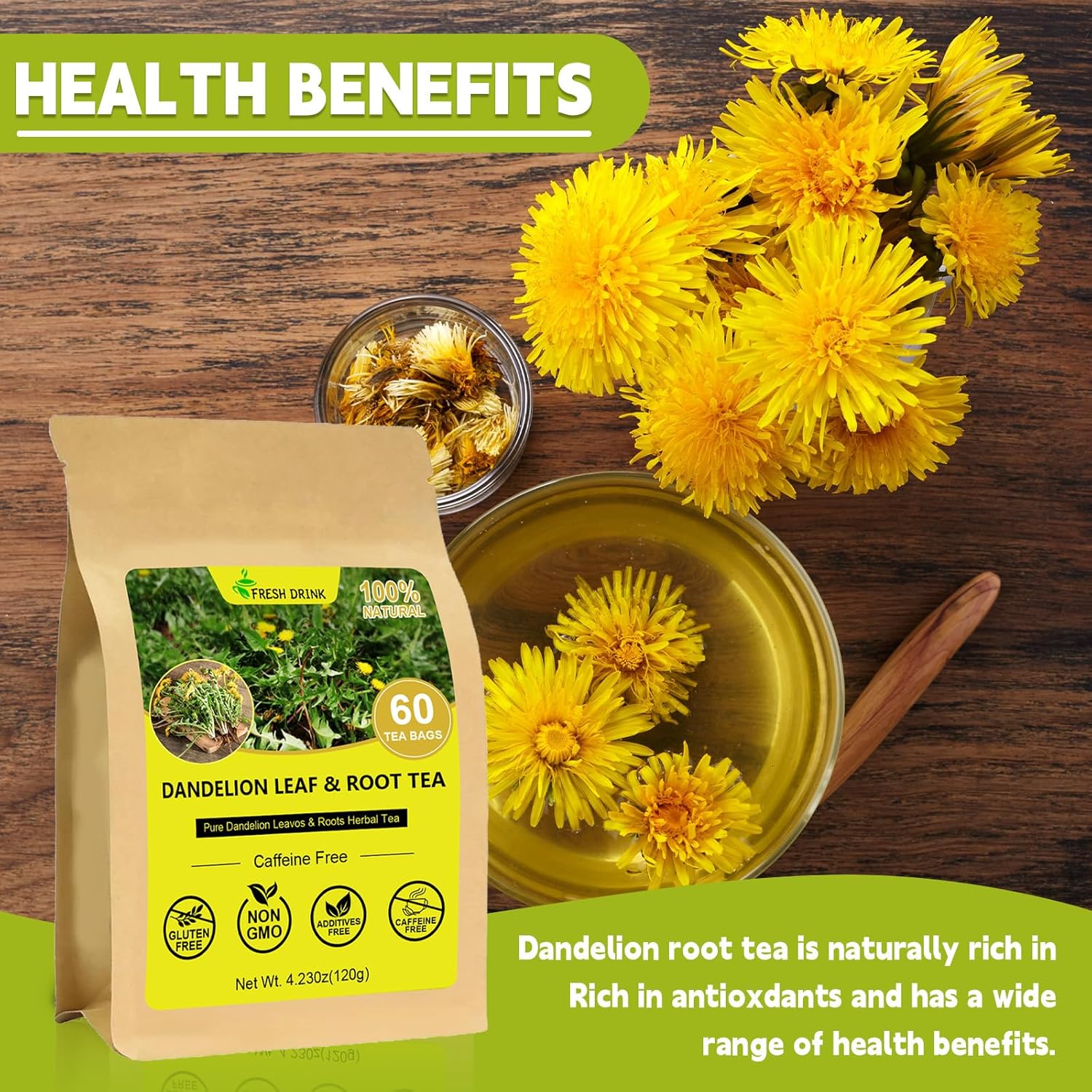 Dandelion Leaf & Root Tea bags, 100% Pure dandelion root tea - Natural Dandelion Herbal Tea for Liver & Kidney Health - Boost Immune System -Non-GMO -60 Teabags - Image 7