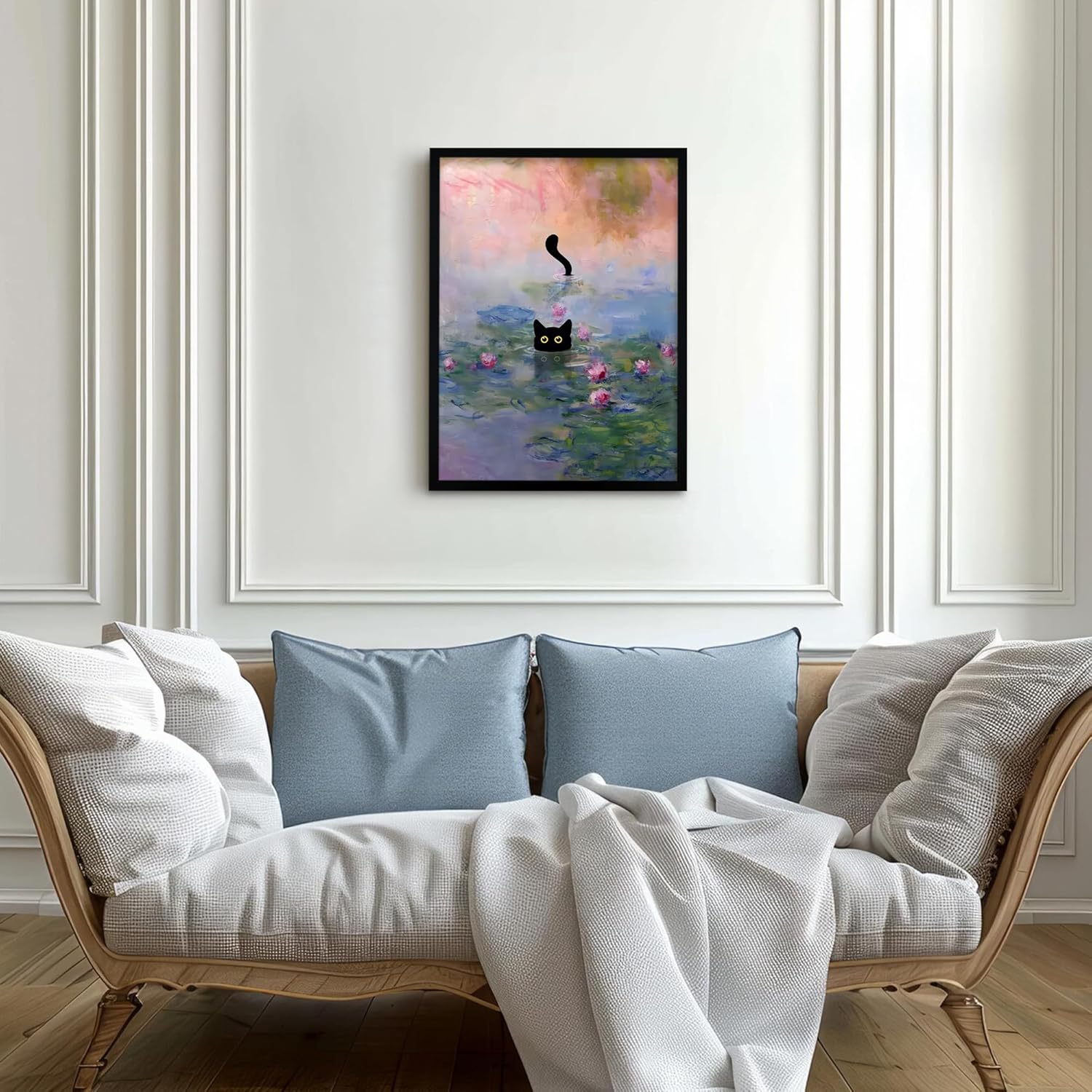 Krtoni Framed Funny Black Cat Canvas Wall Art, Black Cat in the Pink Water Lily Wall Decor, Vintage Preppy Aesthetic Animal Posters Prints for Living Room Bedroom Bathroom Decor 24''L x 16''W