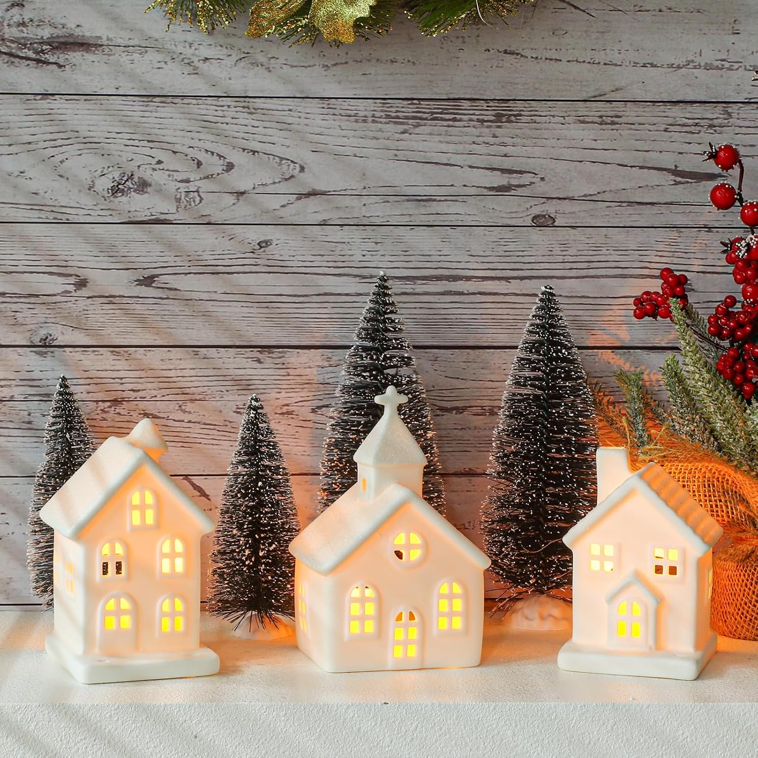 7PCS Christmas Village Sets - 3 LED Lighted Ceramic White Houses with 4 Decorative