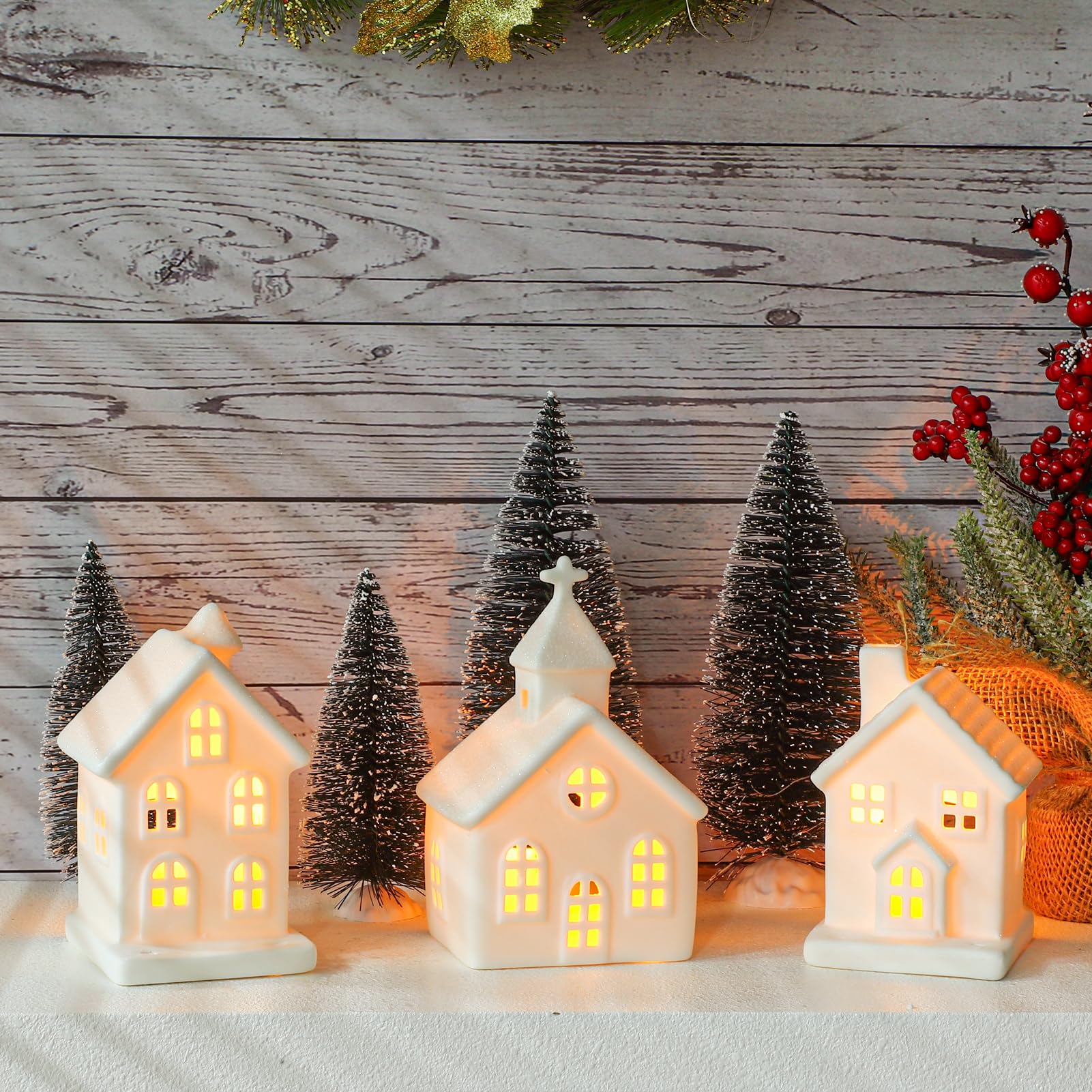 Village de Noël en céramique avec sapins télécommandés pour décoration intérieure