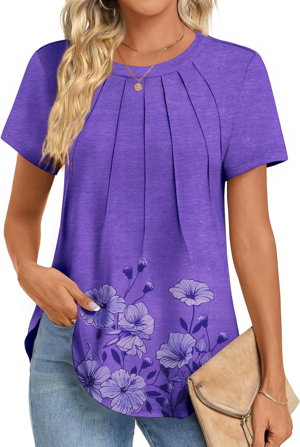 Zeagoo Womens Casual T Shirts for Summer 2025 Short Sleeve Crewneck Tunic Shirts Floral Print Tops Pleated Dressy Blouse - Image 2