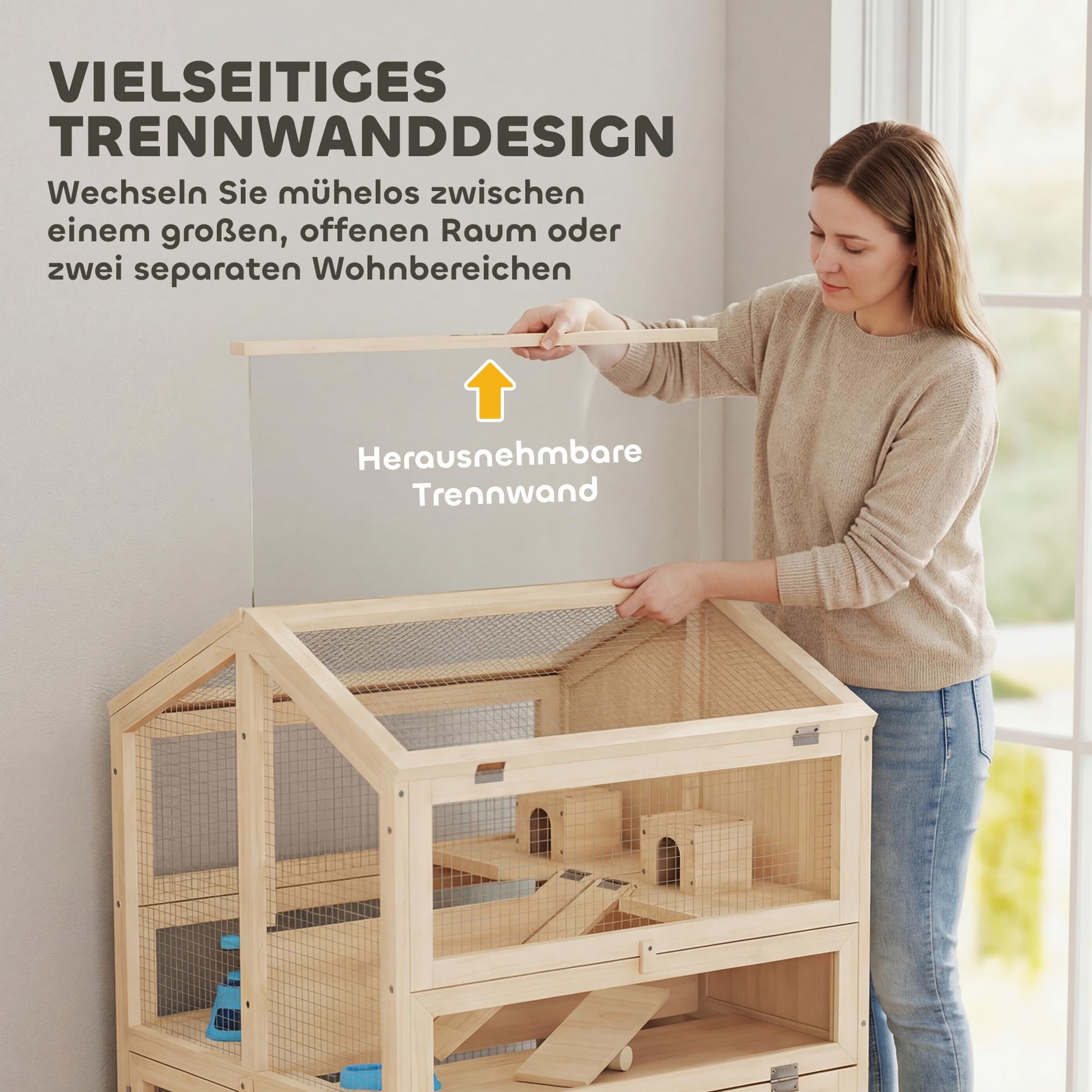 PawHut Klatka dla chomika 3 piętra dla małych 68x61,5x90 cm naturalne | Klatka dla gryzoni, klatka dla małych zwierząt, z domkami, huśtawkami, rampami, miskami na wodę, klatka dla myszy