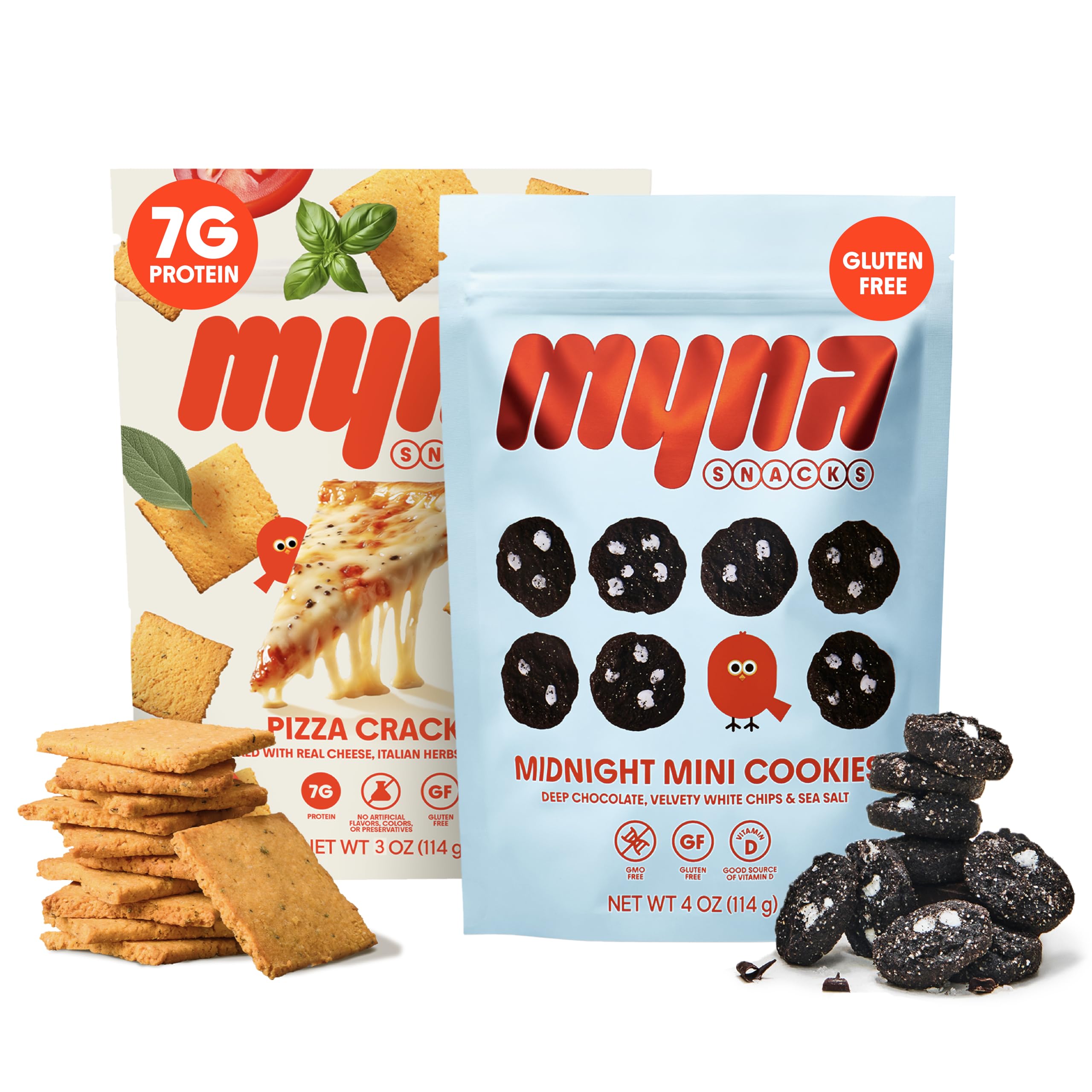 Myna Snacks Variety Pack - Midnight Mini Cookies and Pizza Crackers - Healthy Snacks and Sweets with Nothing Artificial, 7oz (Pack of Two- 4oz Cookies, 3oz Crackers)