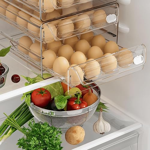 Miniatura 6 de submatches Recipiente de huevos de 40 rejillas para refrigerador, bandeja de huevos con escala de tiempo, soporte apilable para almacenamiento de