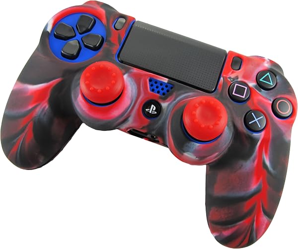 Pandaren® silicone skin for PS4/ SLIM/ PRO controller x 3 + thumb grip x 6 (camouflage red blue green) - 2