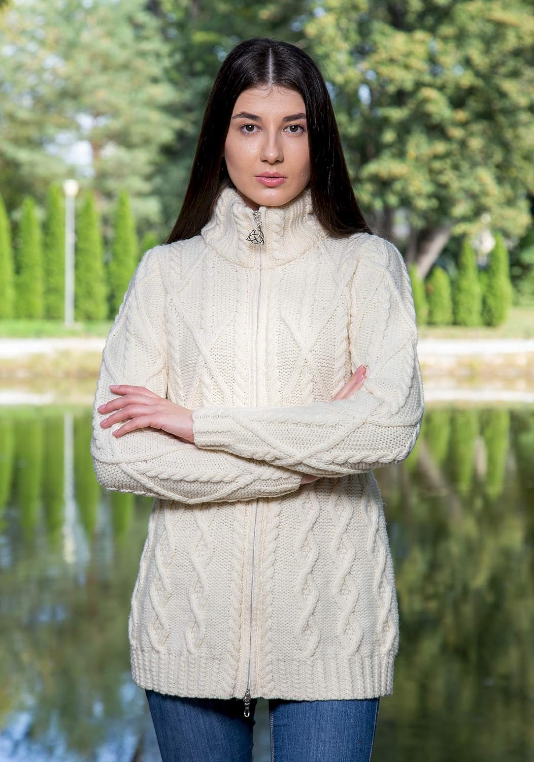 SAOL - 100% Merino Wool Ladies Cable Knit Cardigan Full Zip Irish Coat