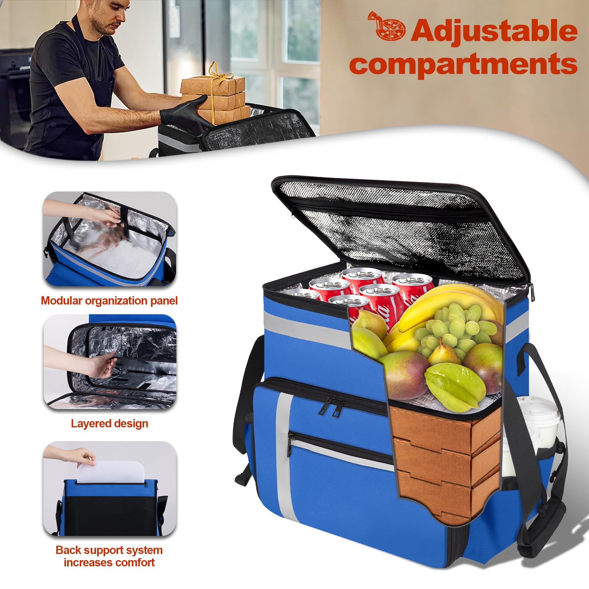 GoHimal Mochila de entrega de alimentos, bolsas de entrega de alimentos aisladas para bicicleta de entrega, bolsa grande de entrega de pizza para caliente/frío con 4 bolsillos reflectantes, perfecta