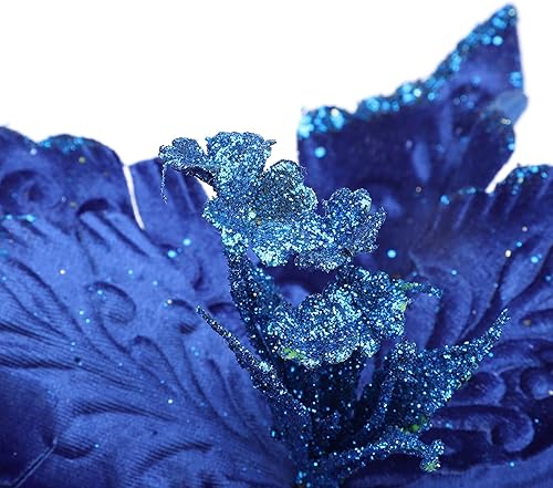 Miniatura 3 de 6 flores de Pascua artificiales con purpurina, flores de Navidad azules, decoración floral de árbol de Navidad para corona, arreglo floral, jarrón