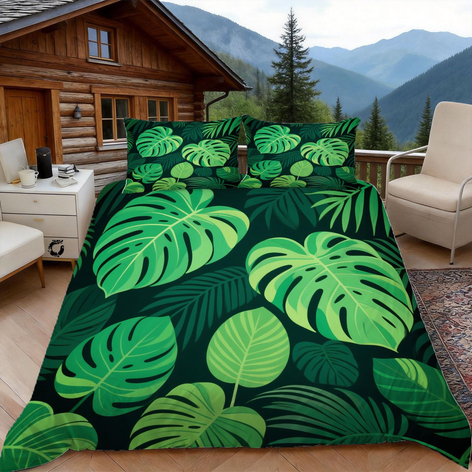Housse de couette 240x260 plantes tropicales et parure de lit grand lit 2 personnes