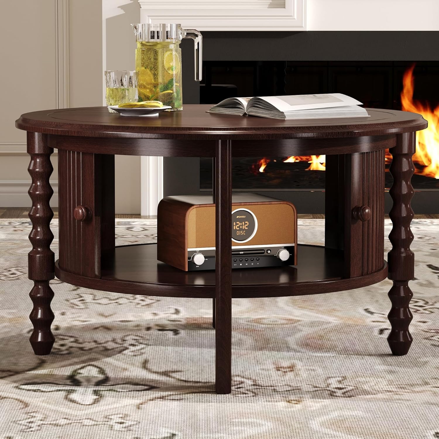 Mid Century Modern 30.3" Round Coffee Table, Wooden Cocktail Table Center Waiting Area Table with Sliding Door, Slatted Design Accent Table for Living Room Small Space (Walnut-5.7)