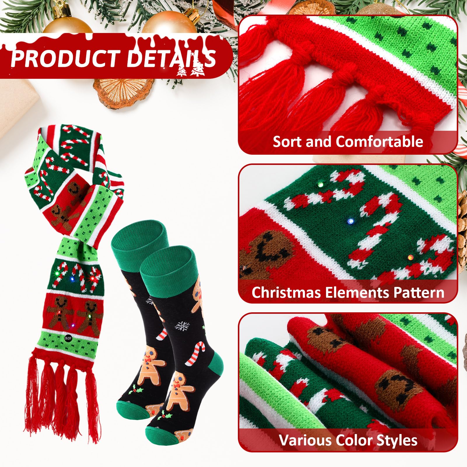 Liitrsh 36-teiliges LED-Weihnachtsmützen-Set, 12 weihnachtliche Mützen, 12 Weihnachtsschals, 12 Paar Weihnachtsstrümpfe, Unisex, bunt, blinkend, Urlaubsdekoration für Männer und Frauen