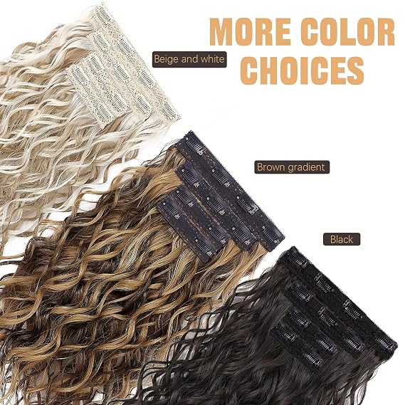 Clip In Hair Extensions, 4PCS 16 inch Short Curly/Wavy Hair Extensions Clip Ins Soft Synthetic Lightweight, Invisible Lace Weft Natural Volume Hairpieces for Women (Choc Brown Highlights)