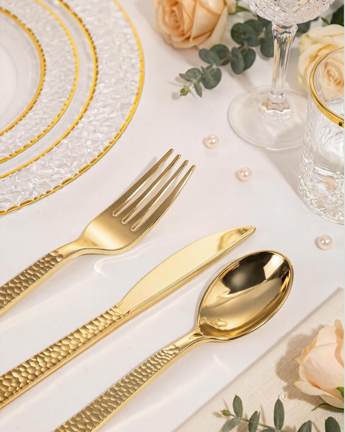 Nervure 300PCS Gold Hammered Plastic Silverware - Heavy Duty Plastic Cutlery - Gold Disposable Utensils Includes 100 Forks, 100 Knives, 100 Spoons Perfect for Wedding & Party - Image 2
